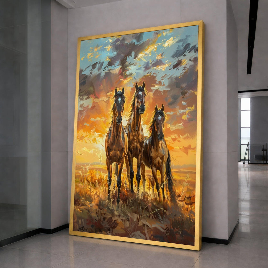 Majestic Running Horses Canvas Wall Art, Sunset Landscape Painting, Wild Stallions Home Decor, Nature Animal Canvas, Ready to Hang Canvas