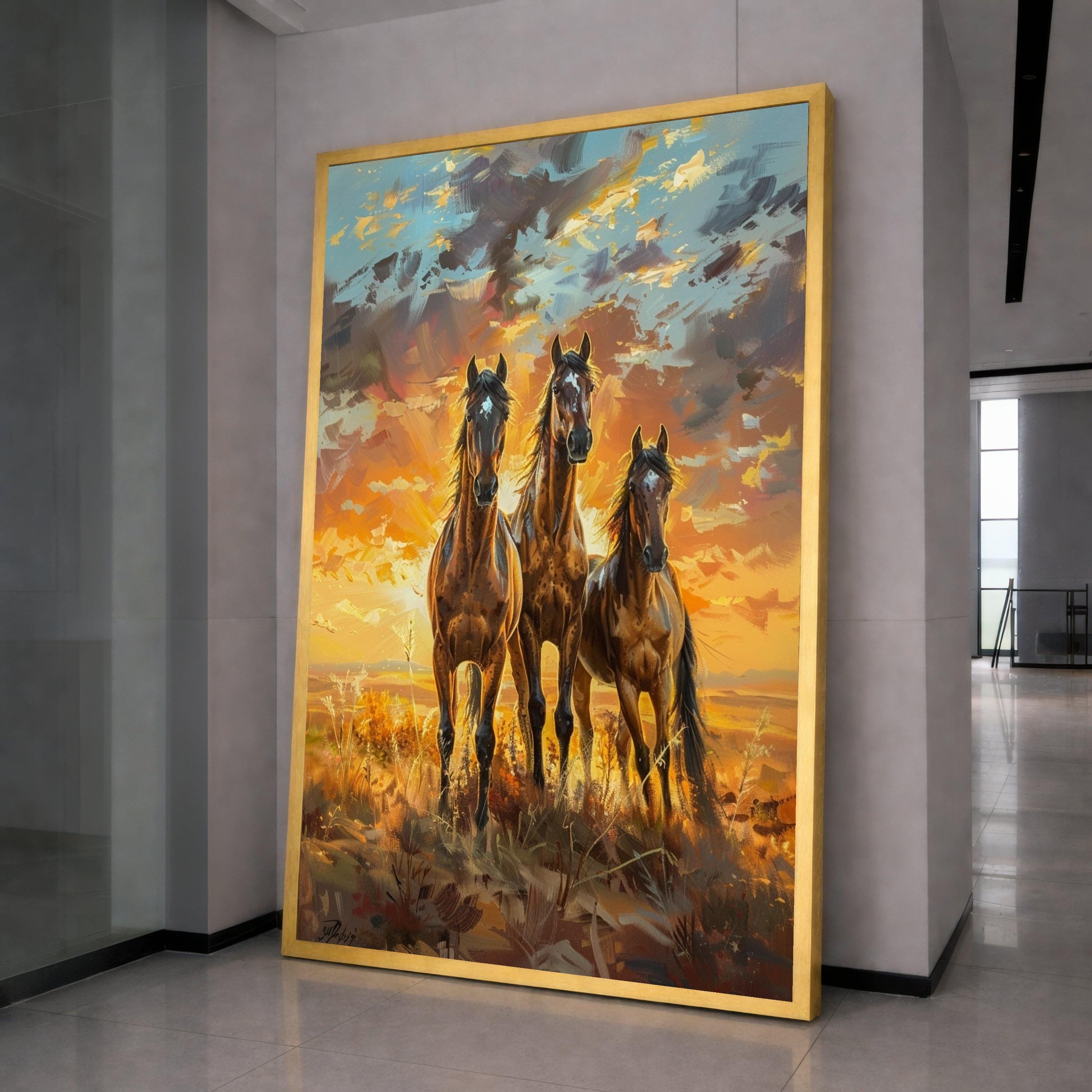Majestic Running Horses Canvas Wall Art, Sunset Landscape Painting, Wild Stallions Home Decor, Nature Animal Canvas, Ready to Hang Canvas