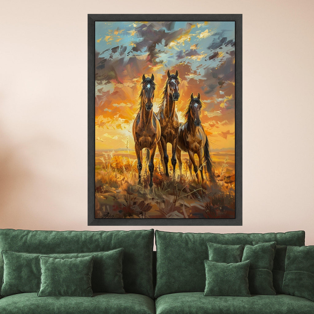 Majestic Running Horses Canvas Wall Art, Sunset Landscape Painting, Wild Stallions Home Decor, Nature Animal Canvas, Ready to Hang Canvas