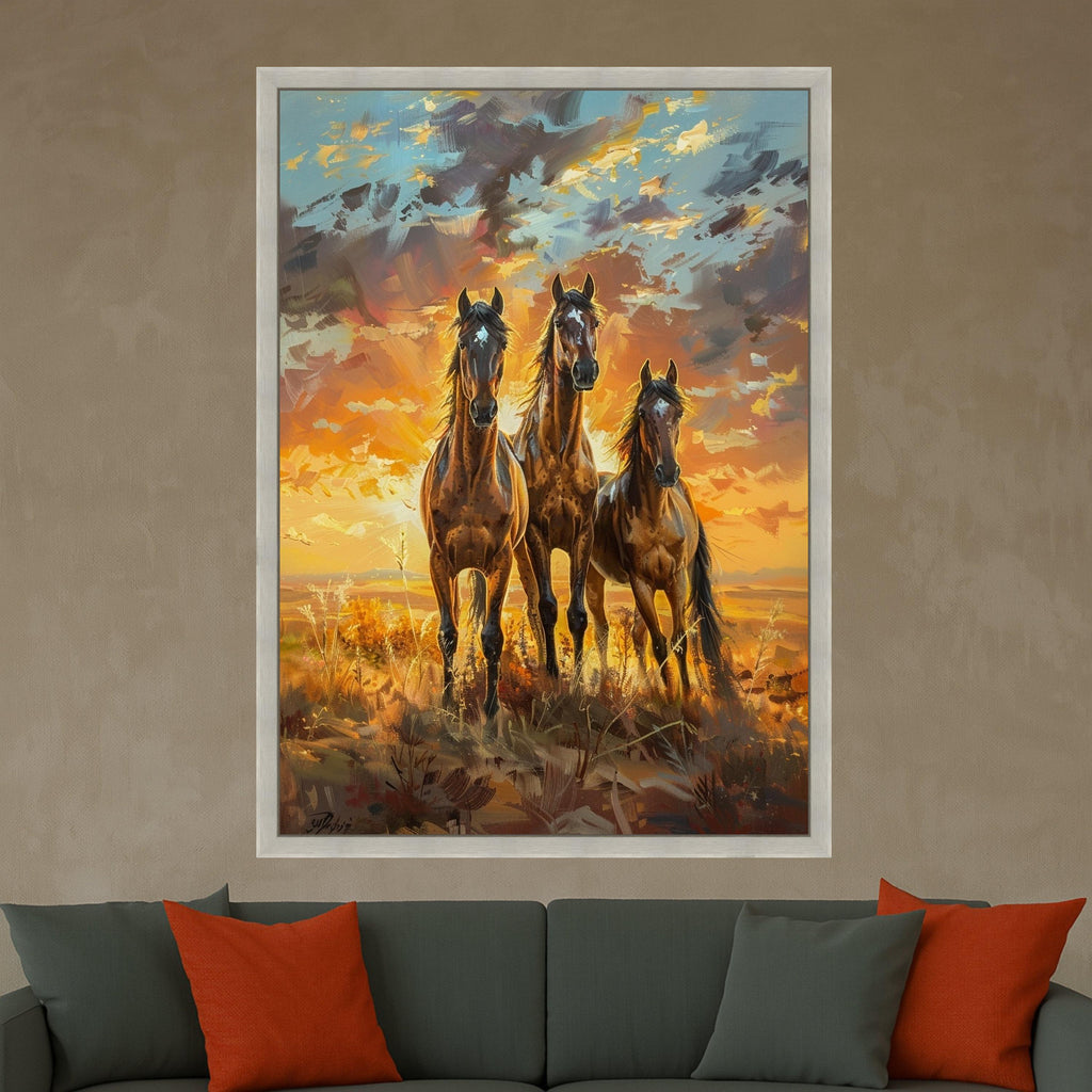 Majestic Running Horses Canvas Wall Art, Sunset Landscape Painting, Wild Stallions Home Decor, Nature Animal Canvas, Ready to Hang Canvas