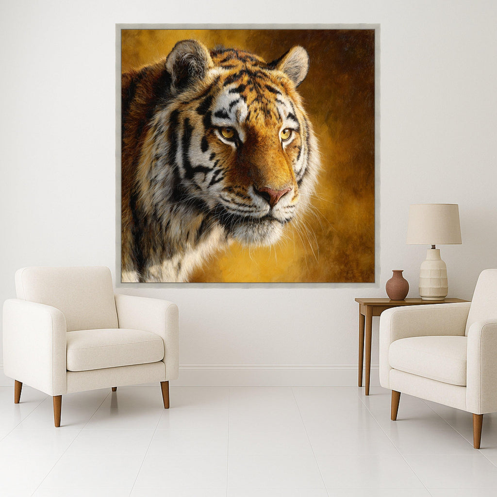 Majestic Tiger Close-Up Canvas, Wildlife Animal Portrait Wall Art, Golden Brown Background, Nature Canvas Decoration, Ready to Hang