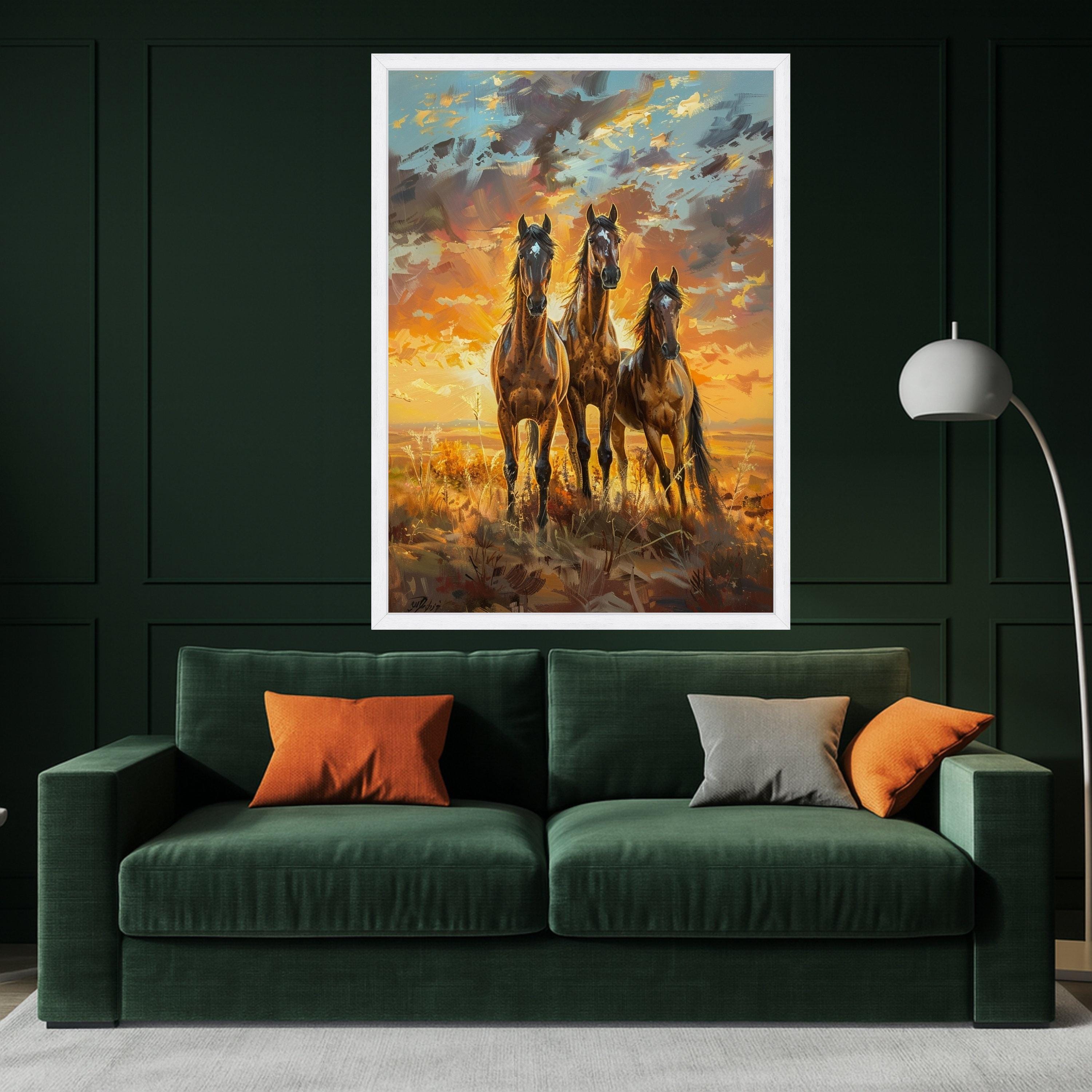 Majestic Running Horses Canvas Wall Art, Sunset Landscape Painting, Wild Stallions Home Decor, Nature Animal Canvas, Ready to Hang Canvas