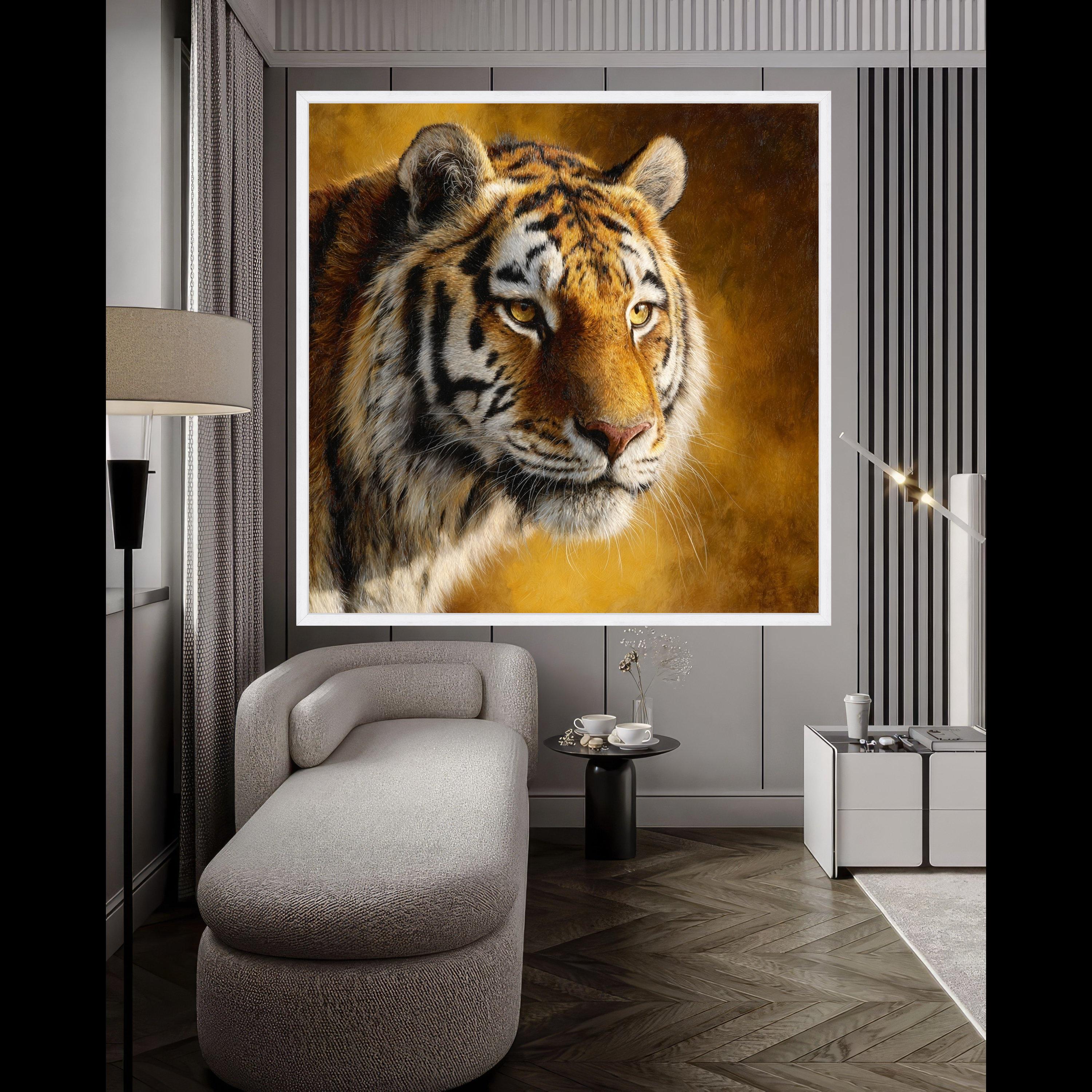 Majestic Tiger Close-Up Canvas, Wildlife Animal Portrait Wall Art, Golden Brown Background, Nature Canvas Decoration, Ready to Hang