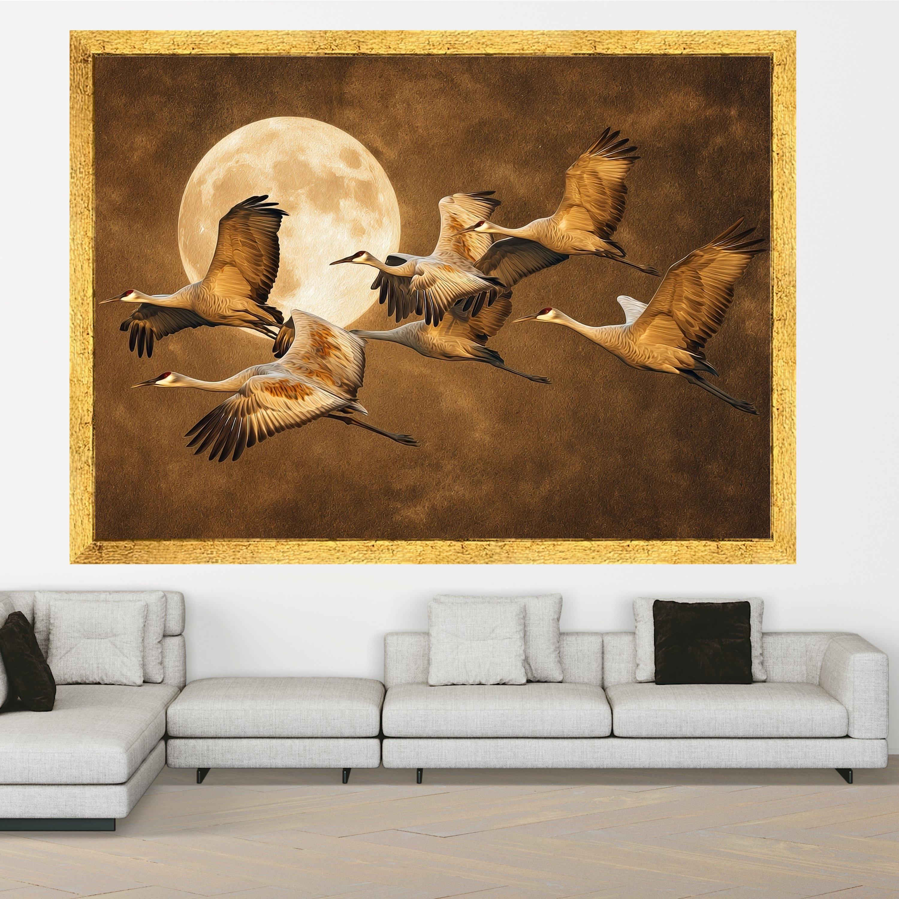 Moonlit Crane Flight Art, Bird Canvas, Wildlife Wall Art, Full Moon Print, Nature Canvas Art, Elegant Wall Decor Print
