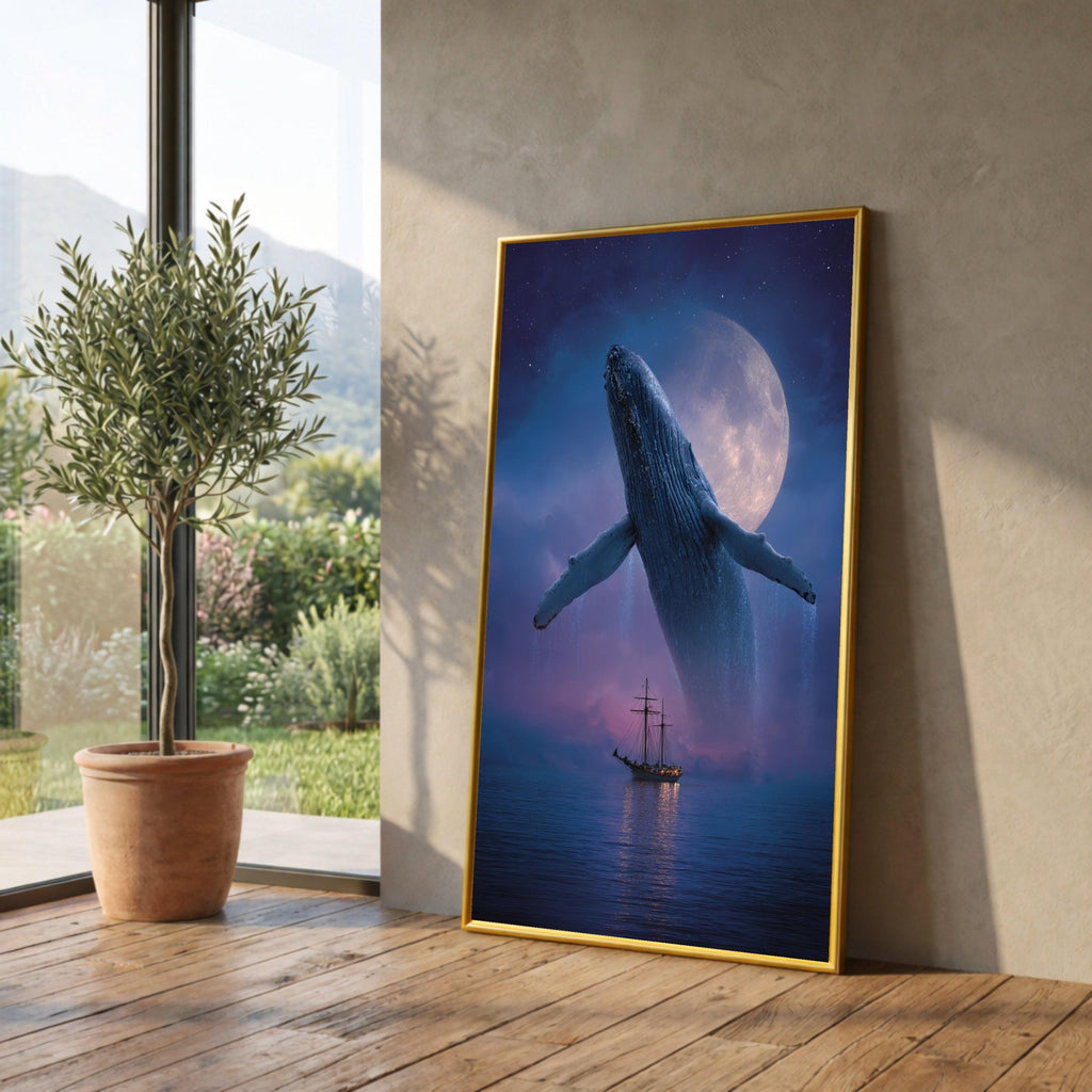 Majestic Whale Breaching at Moonlight, Ocean Canvas Wall Art, Night Sea Landscape, Nautical Home Decor, Large Animal Canvas Art