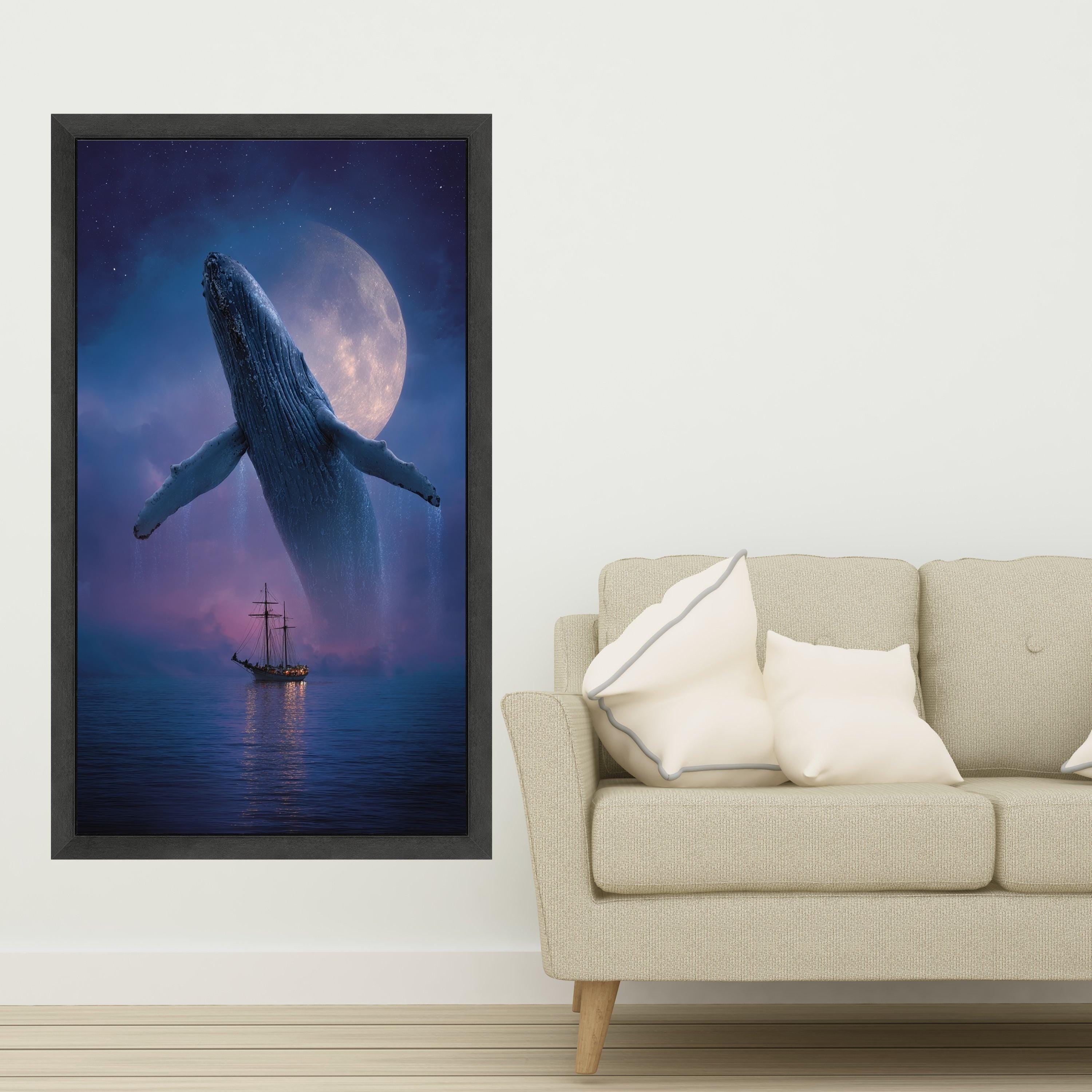 Majestic Whale Breaching at Moonlight, Ocean Canvas Wall Art, Night Sea Landscape, Nautical Home Decor, Large Animal Canvas Art