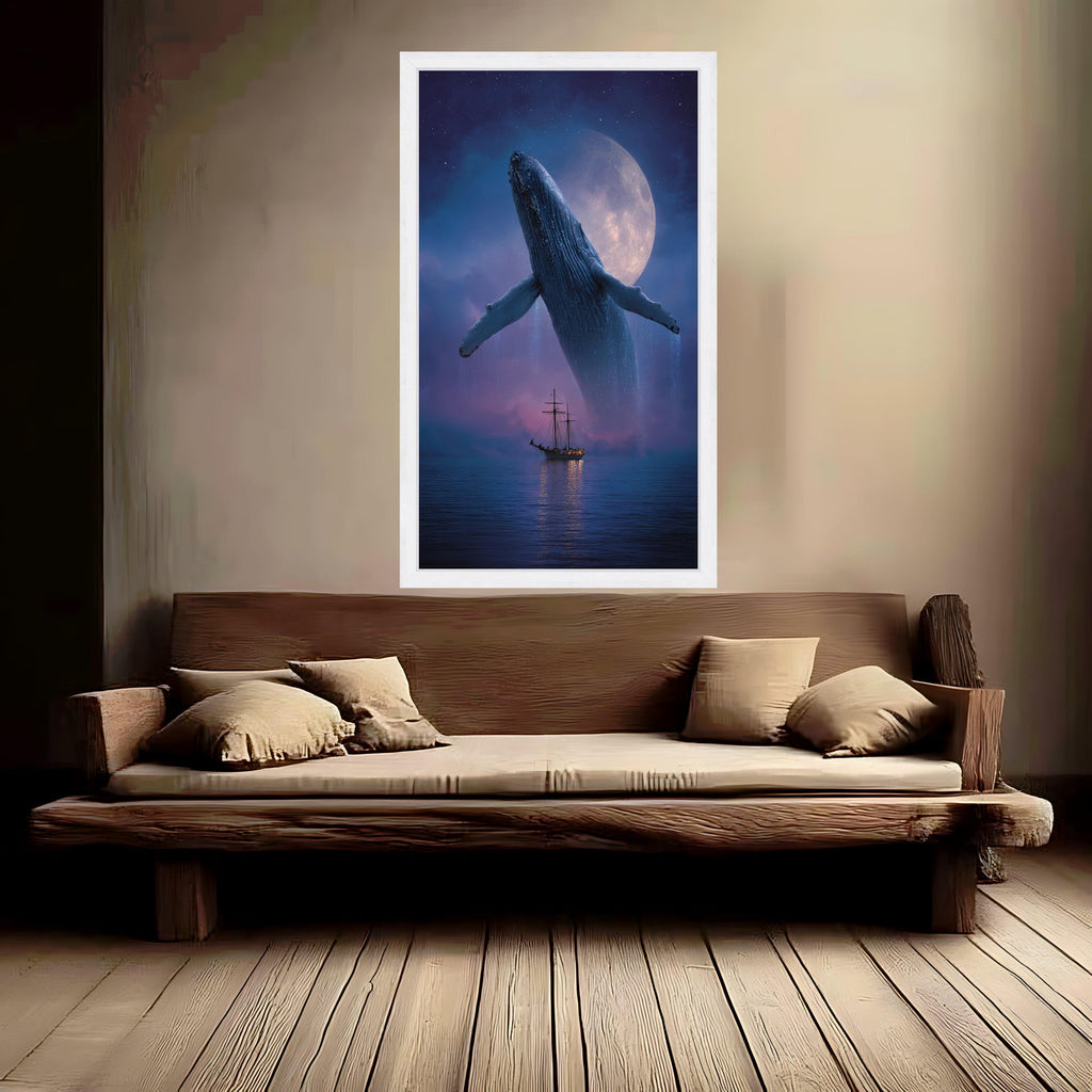 Majestic Whale Breaching at Moonlight, Ocean Canvas Wall Art, Night Sea Landscape, Nautical Home Decor, Large Animal Canvas Art