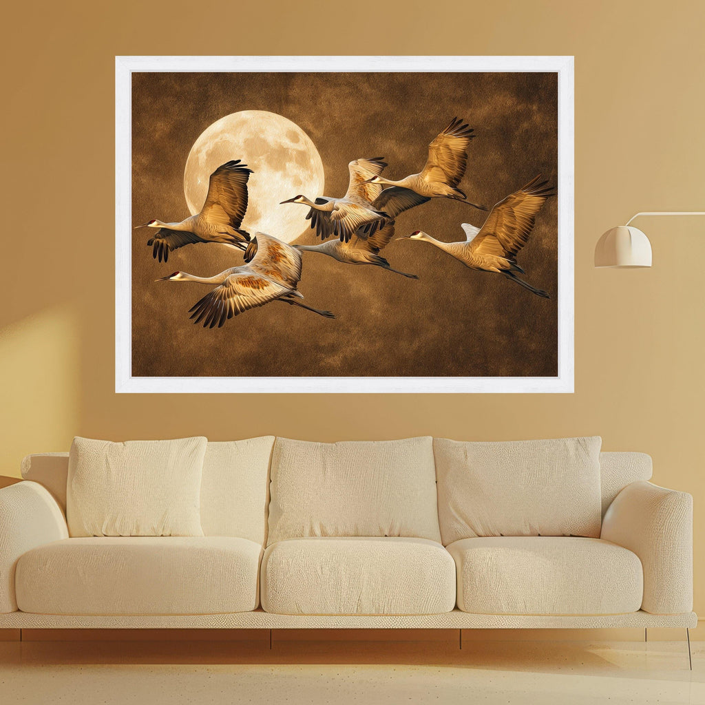 Moonlit Crane Flight Art, Bird Canvas, Wildlife Wall Art, Full Moon Print, Nature Canvas Art, Elegant Wall Decor Print