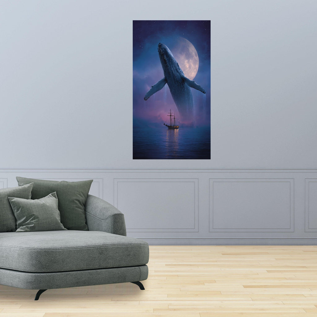 Majestic Whale Breaching at Moonlight, Ocean Canvas Wall Art, Night Sea Landscape, Nautical Home Decor, Large Animal Canvas Art
