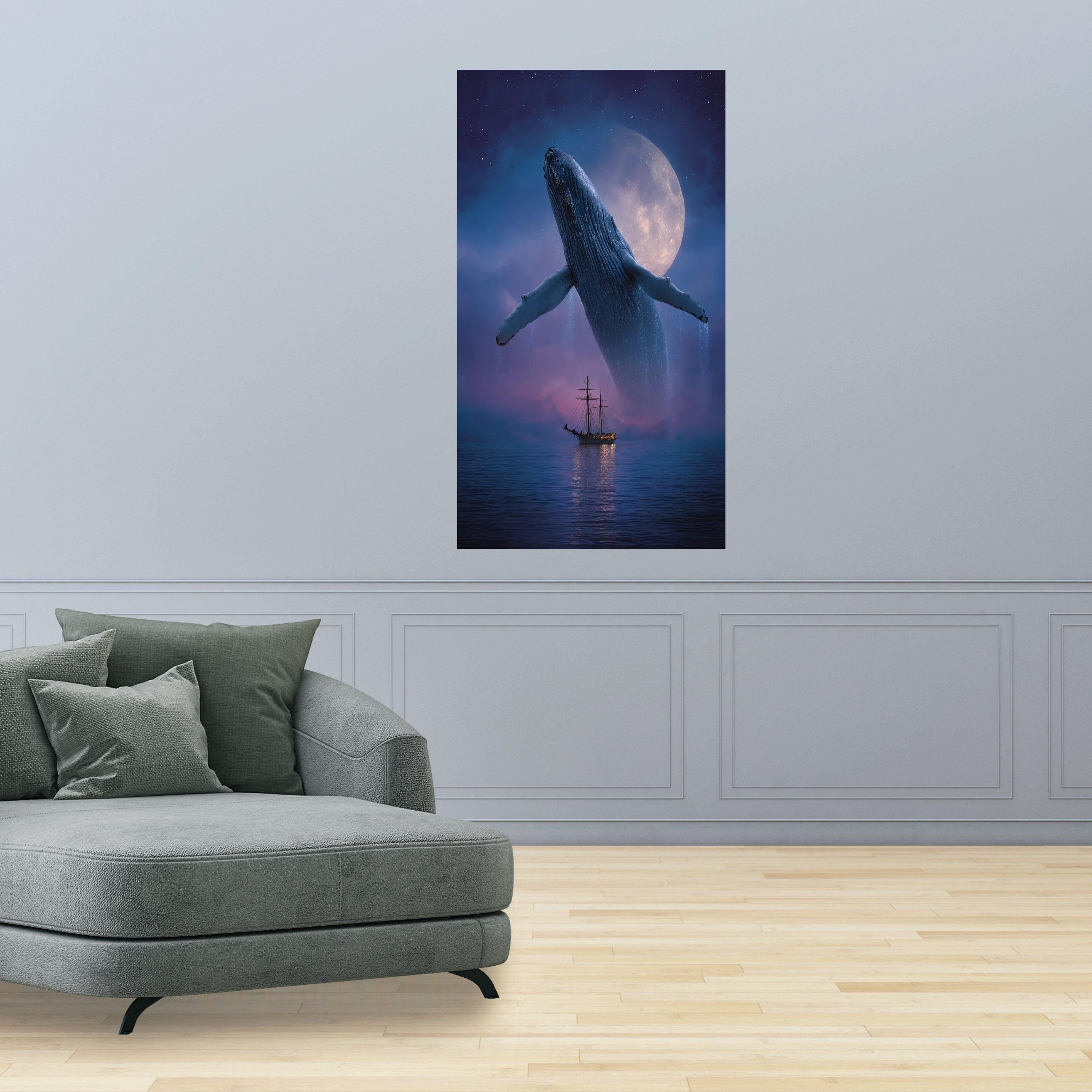 Majestic Whale Breaching at Moonlight, Ocean Canvas Wall Art, Night Sea Landscape, Nautical Home Decor, Large Animal Canvas Art