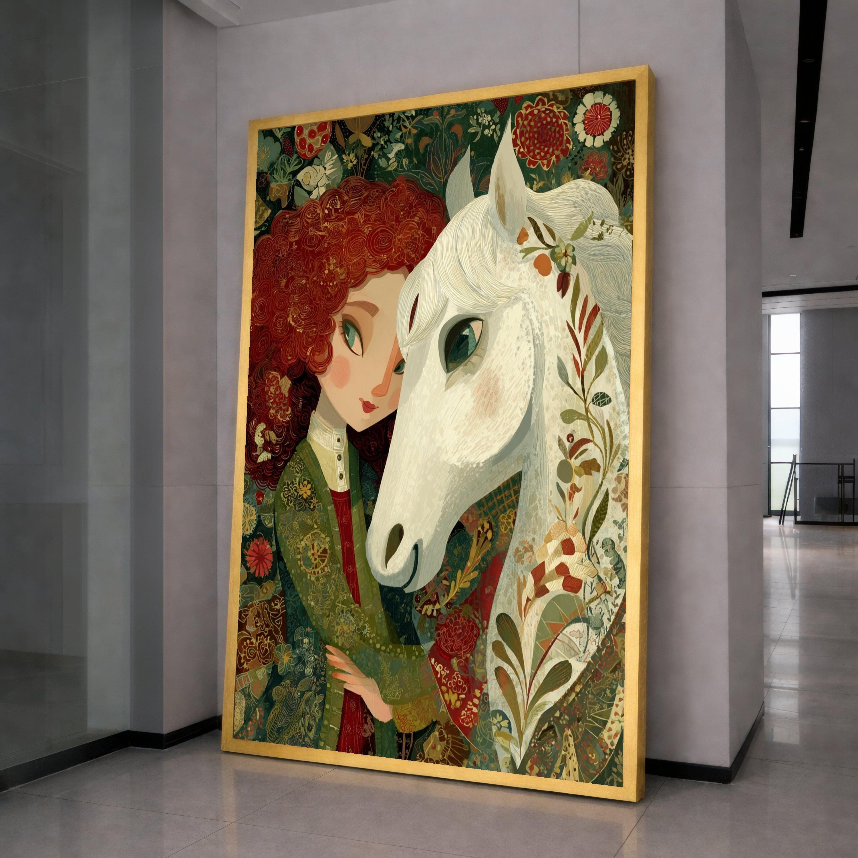 Girl with White Horse Canvas Wall Art, Whimsical Floral Portrait, Nature Inspired Home Decor, Animal and Figure Painting, Ready to Hang