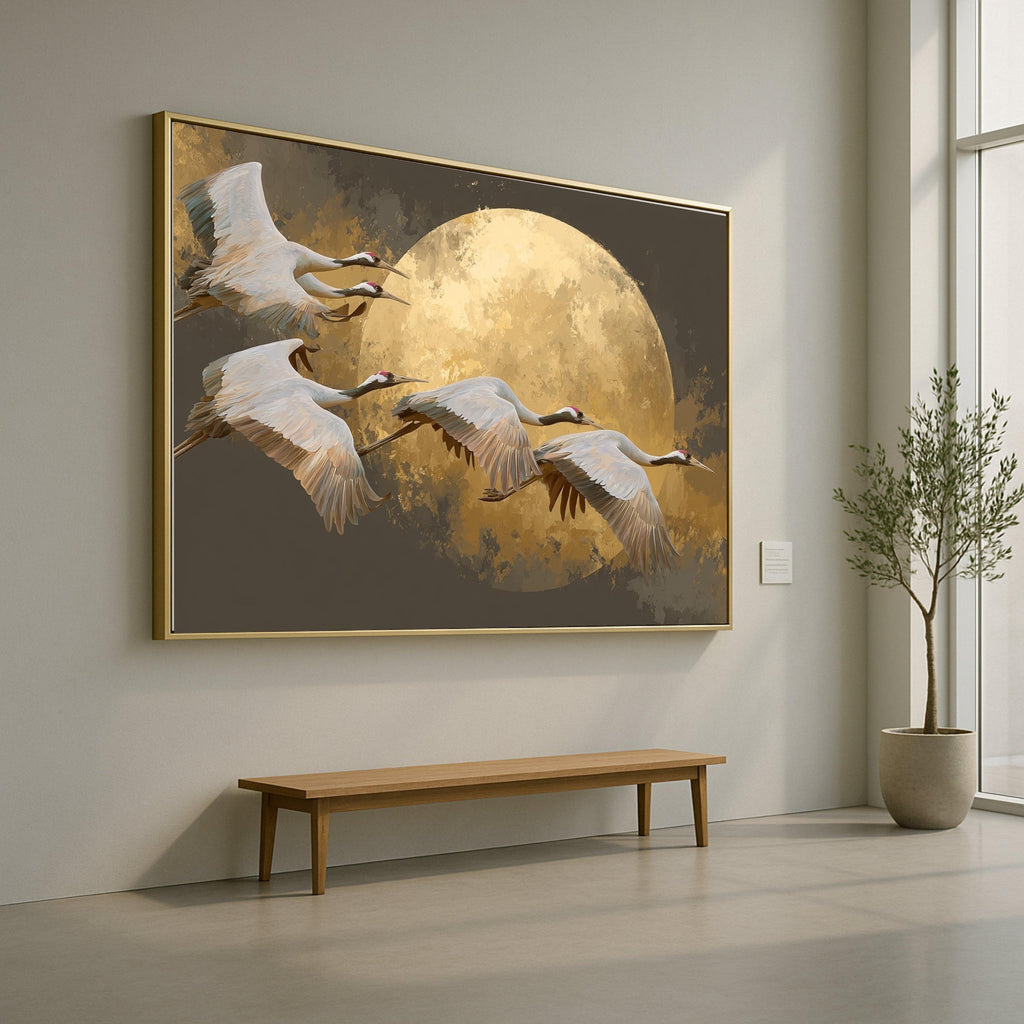 Elegant Cranes Flying Canvas Wall Art, Golden Moon Background, Nature Bird Scene, Modern Home Decoration, Wildlife Art Print