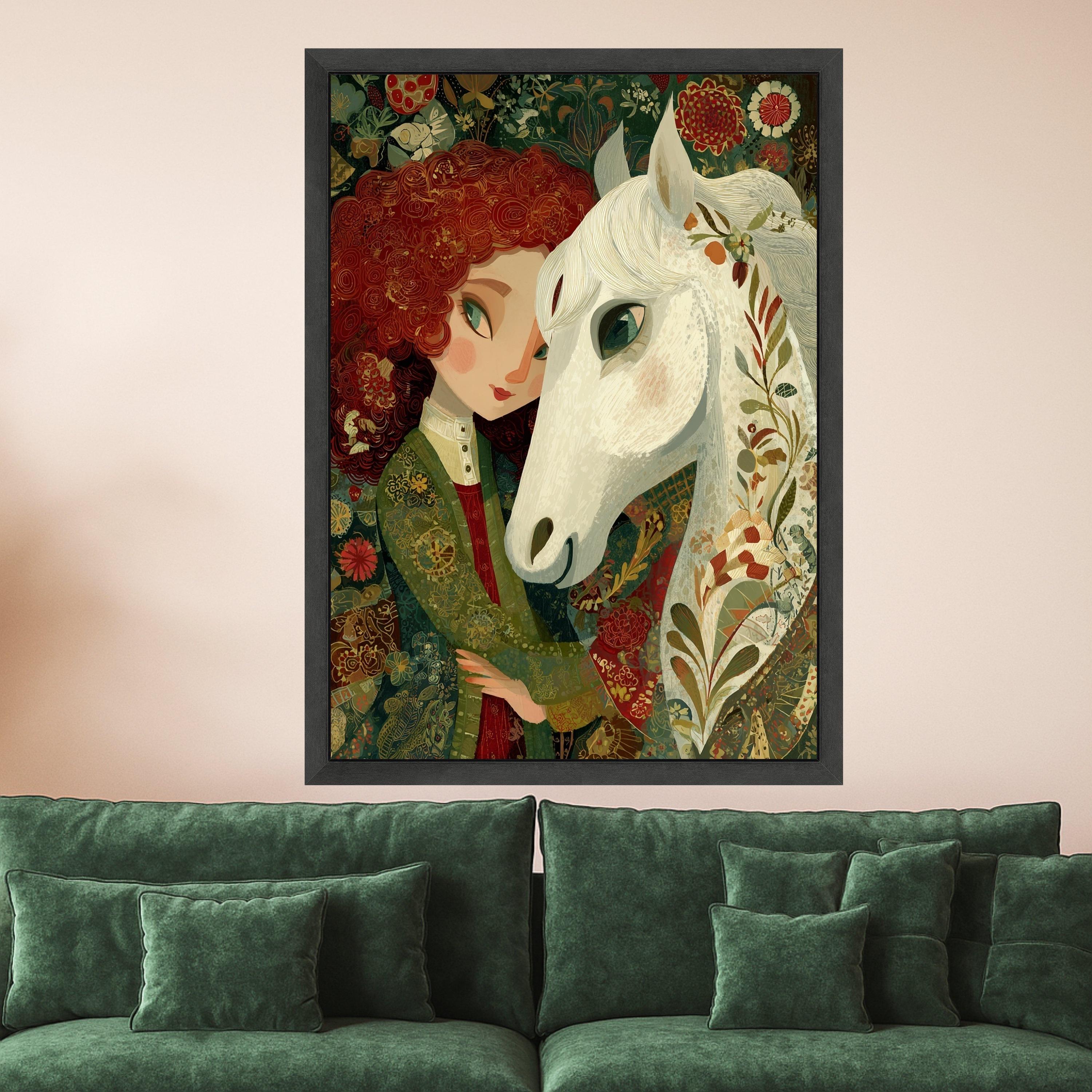Girl with White Horse Canvas Wall Art, Whimsical Floral Portrait, Nature Inspired Home Decor, Animal and Figure Painting, Ready to Hang