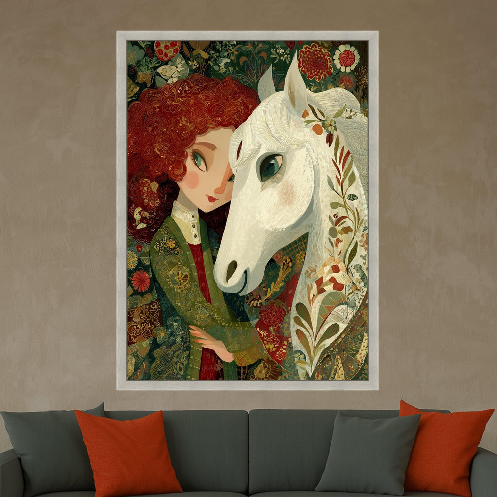 Girl with White Horse Canvas Wall Art, Whimsical Floral Portrait, Nature Inspired Home Decor, Animal and Figure Painting, Ready to Hang