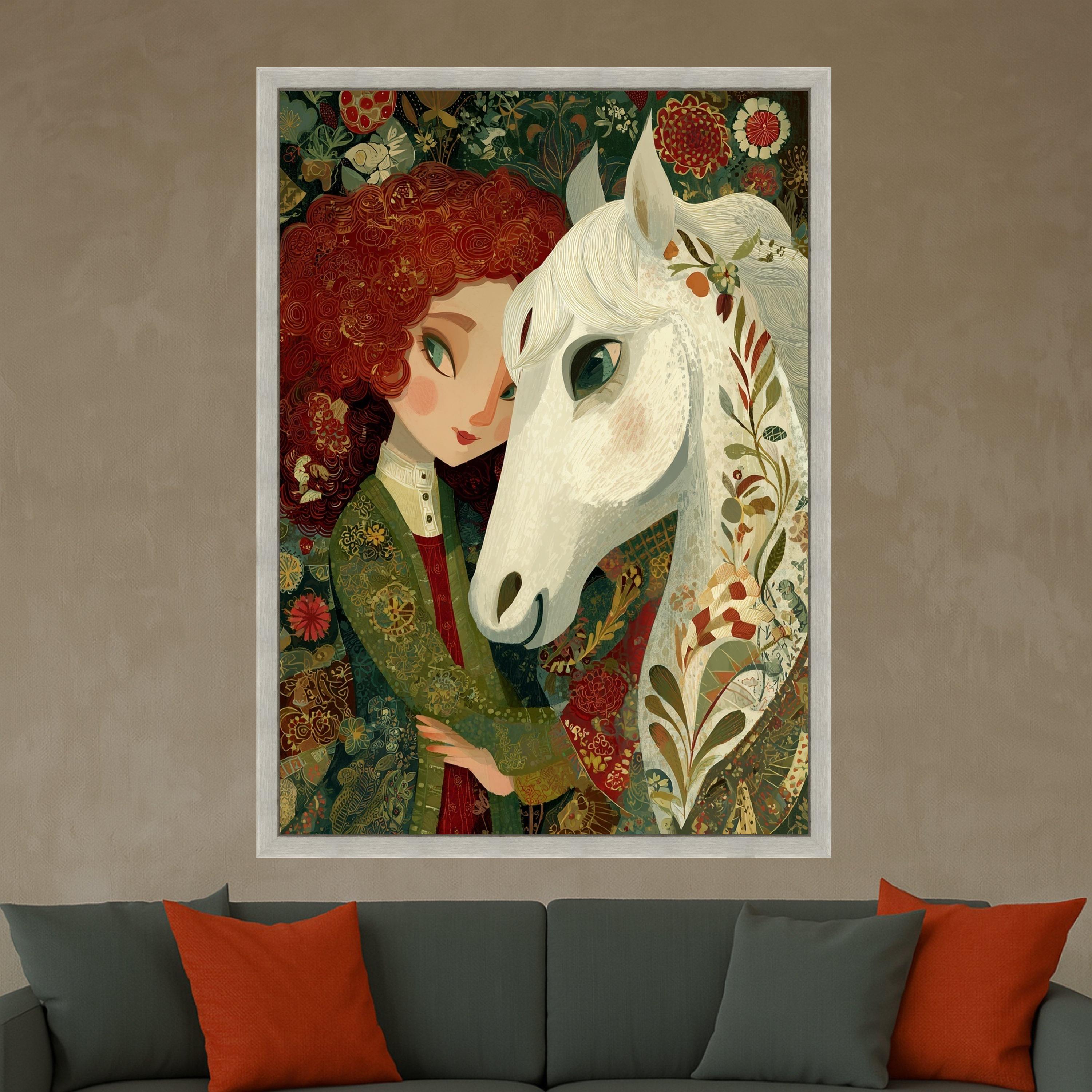 Girl with White Horse Canvas Wall Art, Whimsical Floral Portrait, Nature Inspired Home Decor, Animal and Figure Painting, Ready to Hang