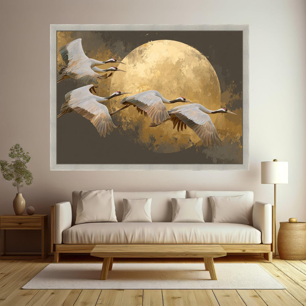Elegant Cranes Flying Canvas Wall Art, Golden Moon Background, Nature Bird Scene, Modern Home Decoration, Wildlife Art Print