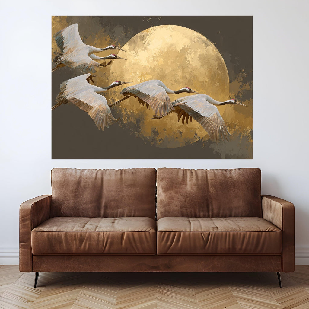 Elegant Cranes Flying Canvas Wall Art, Golden Moon Background, Nature Bird Scene, Modern Home Decoration, Wildlife Art Print