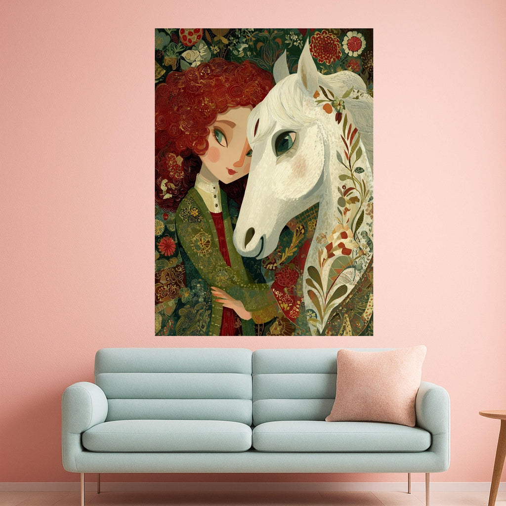 Girl with White Horse Canvas Wall Art, Whimsical Floral Portrait, Nature Inspired Home Decor, Animal and Figure Painting, Ready to Hang