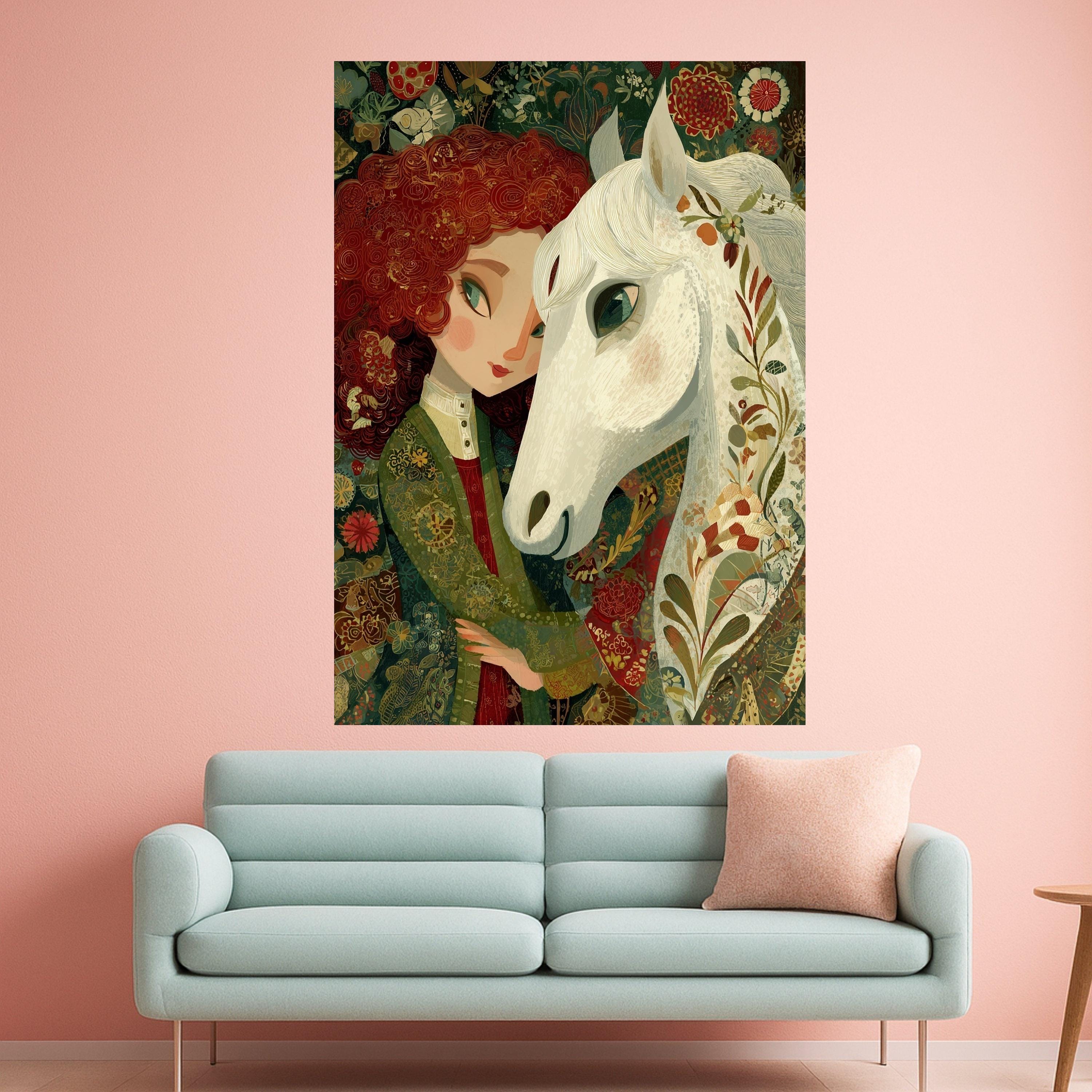 Girl with White Horse Canvas Wall Art, Whimsical Floral Portrait, Nature Inspired Home Decor, Animal and Figure Painting, Ready to Hang