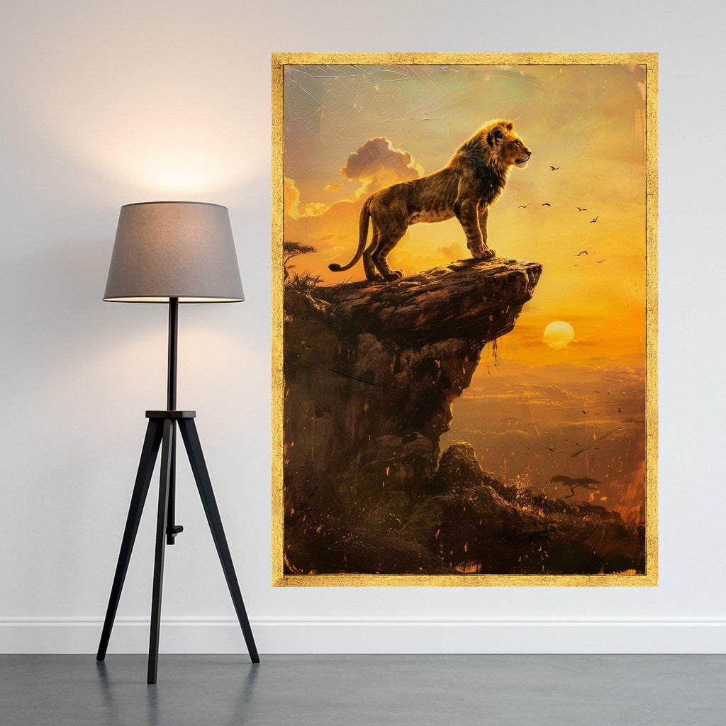 Majestic Lion Cub on Cliff Canvas, Sunset Savanna Wall Art, Wildlife Animal Portrait, Nature Landscape Canvas, Safari Home Decor