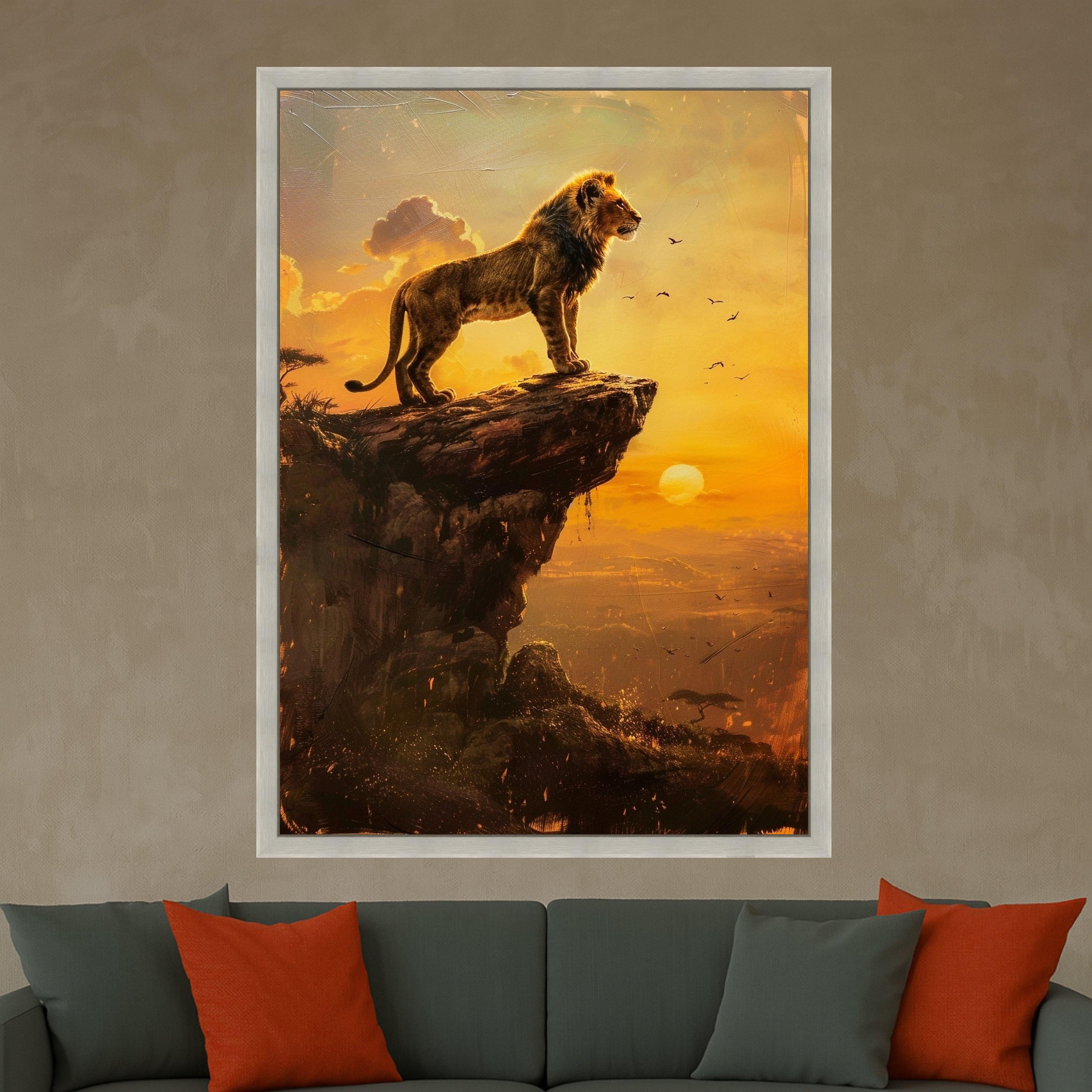 Majestic Lion Cub on Cliff Canvas, Sunset Savanna Wall Art, Wildlife Animal Portrait, Nature Landscape Canvas, Safari Home Decor