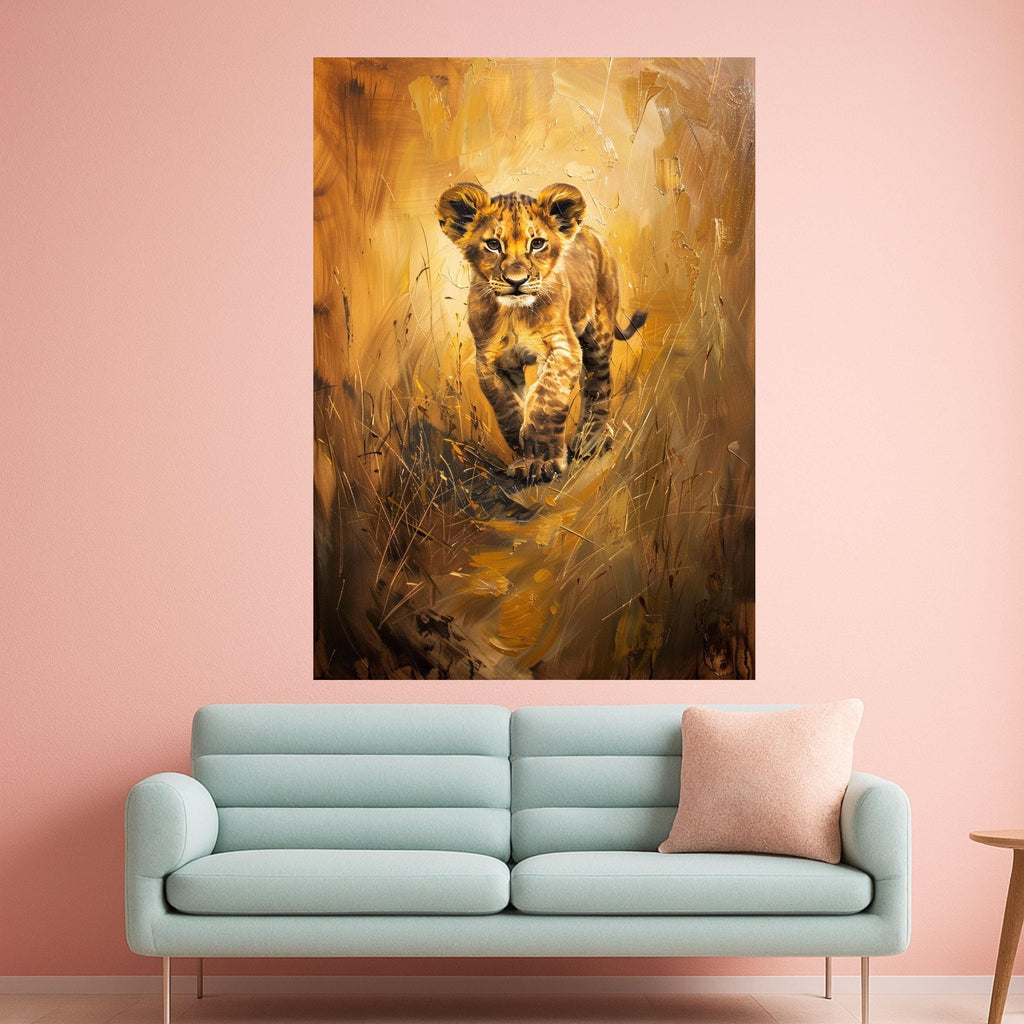 Young Lion Cub Canvas Wall Art, Wildlife Safari Animal Painting, Nature Scene Canvas, African Wildlife Decor, Ready to Hang Wall Decoration