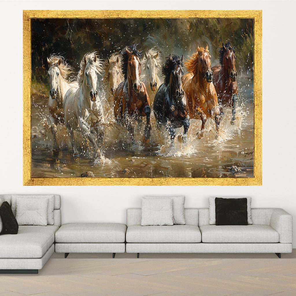 Galloping Horses Canvas Wall Art, Running Horses Water Splash, Wild Horse Herd Canvas, Nature Animal Wall Decor, Dynamic Equestrian Scene
