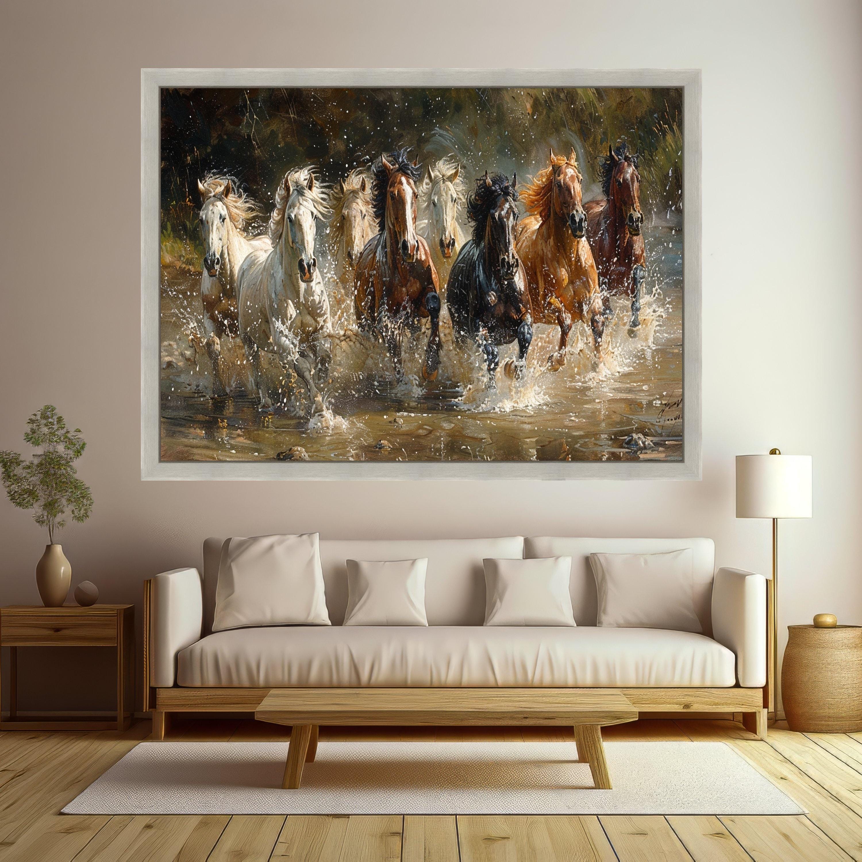 Galloping Horses Canvas Wall Art, Running Horses Water Splash, Wild Horse Herd Canvas, Nature Animal Wall Decor, Dynamic Equestrian Scene