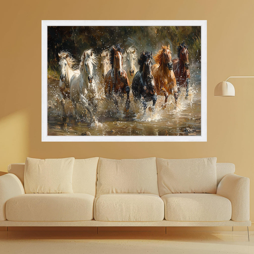 Galloping Horses Canvas Wall Art, Running Horses Water Splash, Wild Horse Herd Canvas, Nature Animal Wall Decor, Dynamic Equestrian Scene