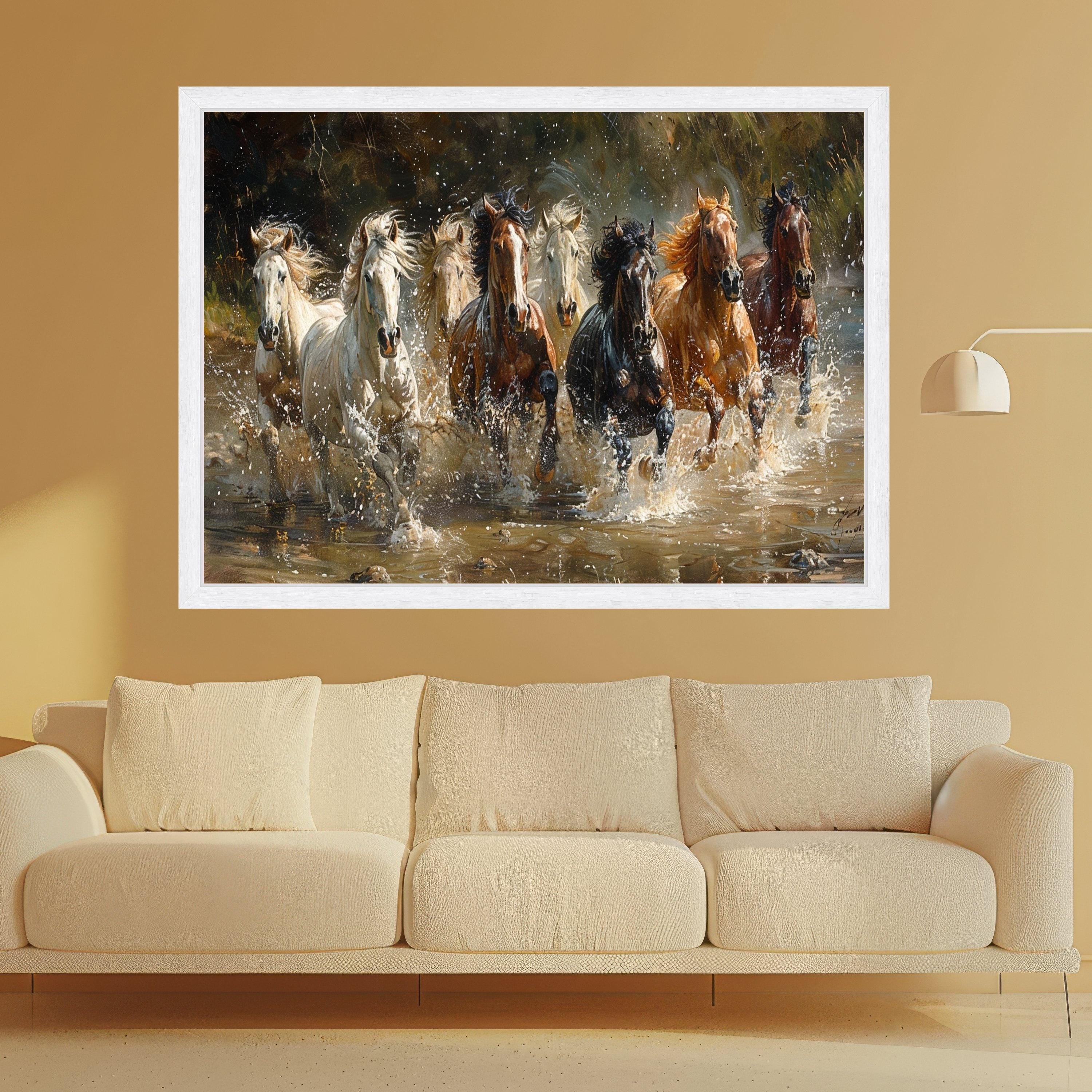 Galloping Horses Canvas Wall Art, Running Horses Water Splash, Wild Horse Herd Canvas, Nature Animal Wall Decor, Dynamic Equestrian Scene