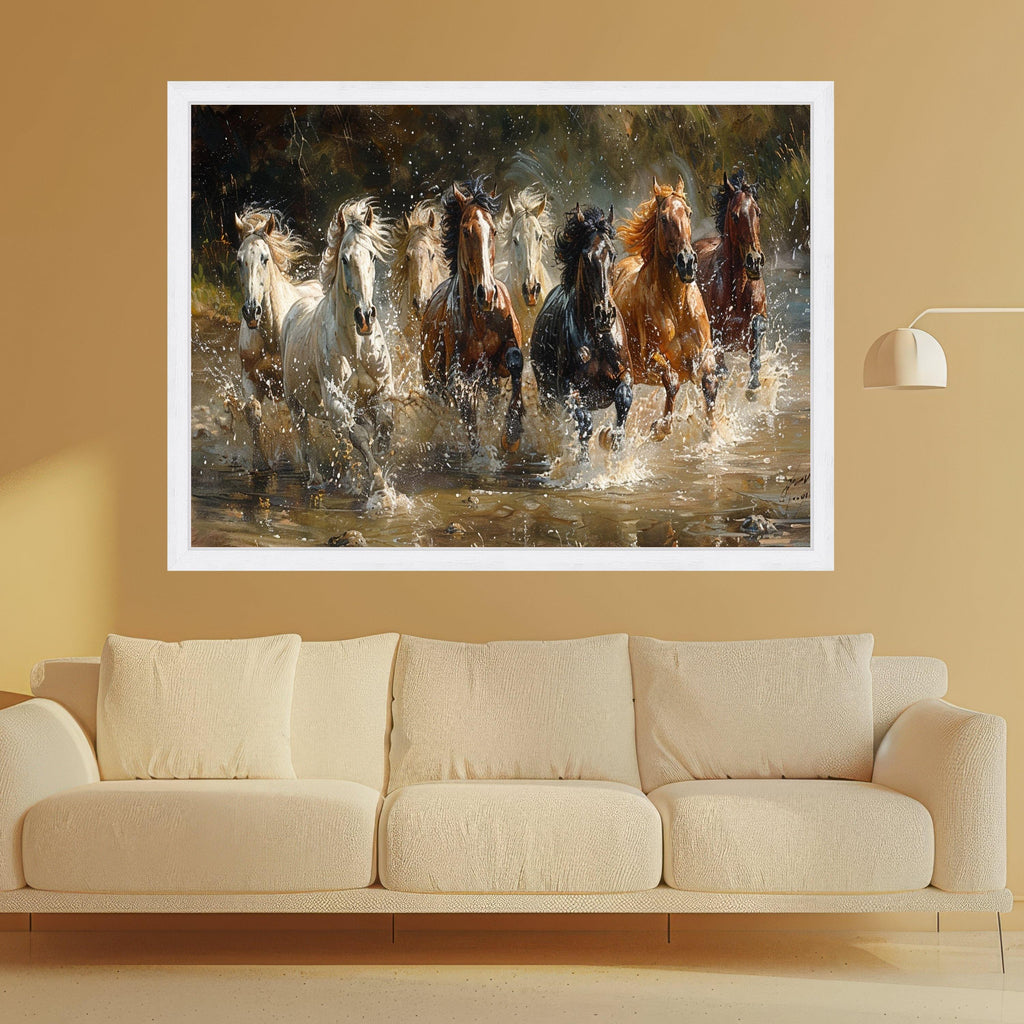 Galloping Horses Canvas Wall Art, Running Horses Water Splash, Wild Horse Herd Canvas, Nature Animal Wall Decor, Dynamic Equestrian Scene