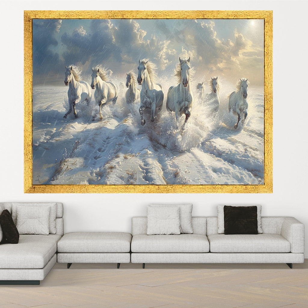 Majestic White Horses Running Through Snow Canvas, Winter Nature Scene Wall Art, Animal Landscape Decoration, Dynamic Outdoor Canvas