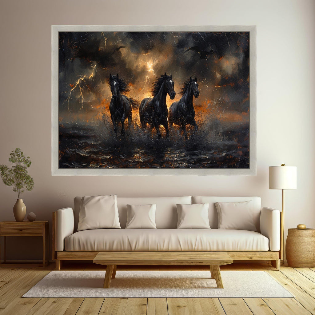 Dark Horse Art Canvas Wall Art Print Storm Running Horses Art Canvas Print Dramatic Lightning Wall Art Print Gothic Decor