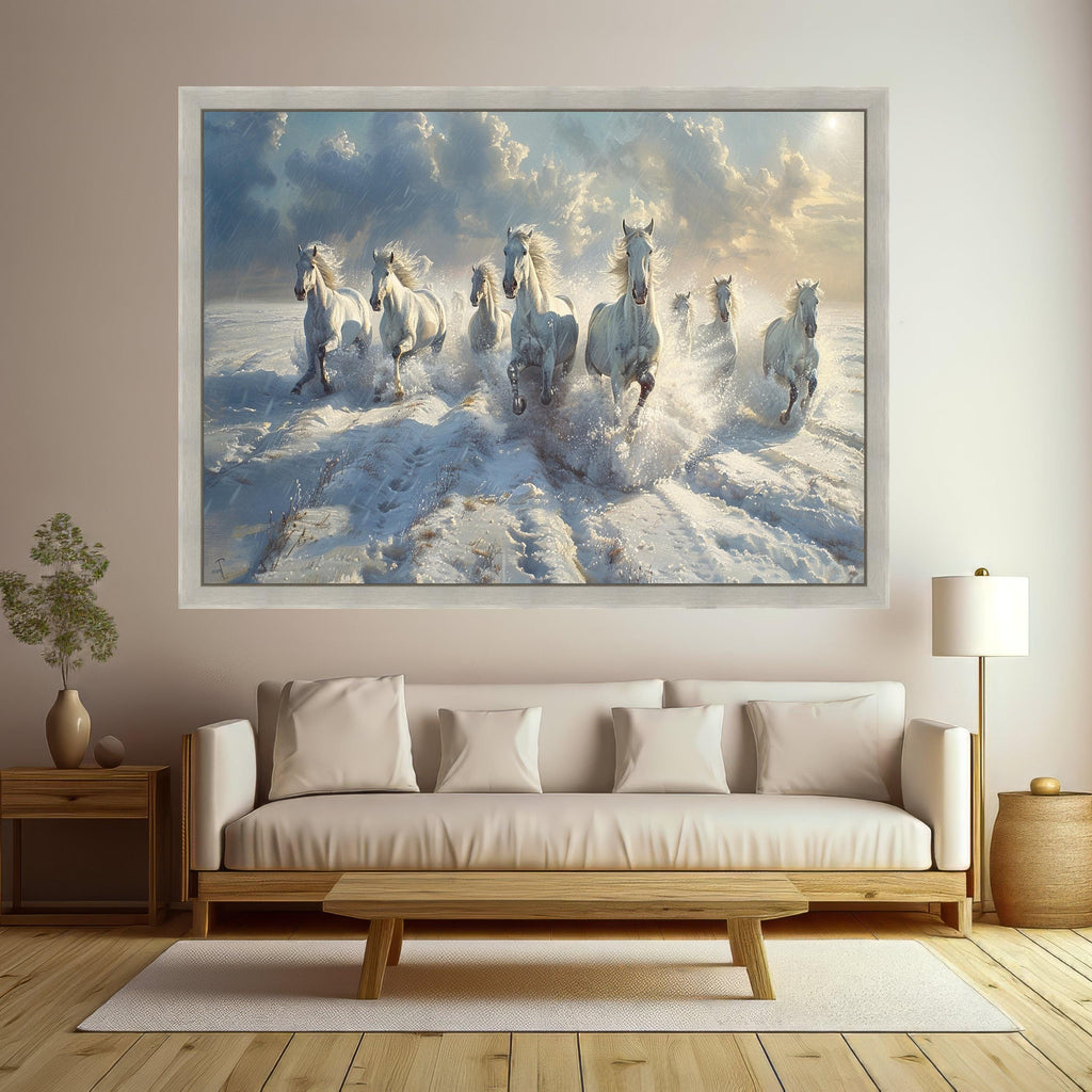 Majestic White Horses Running Through Snow Canvas, Winter Nature Scene Wall Art, Animal Landscape Decoration, Dynamic Outdoor Canvas