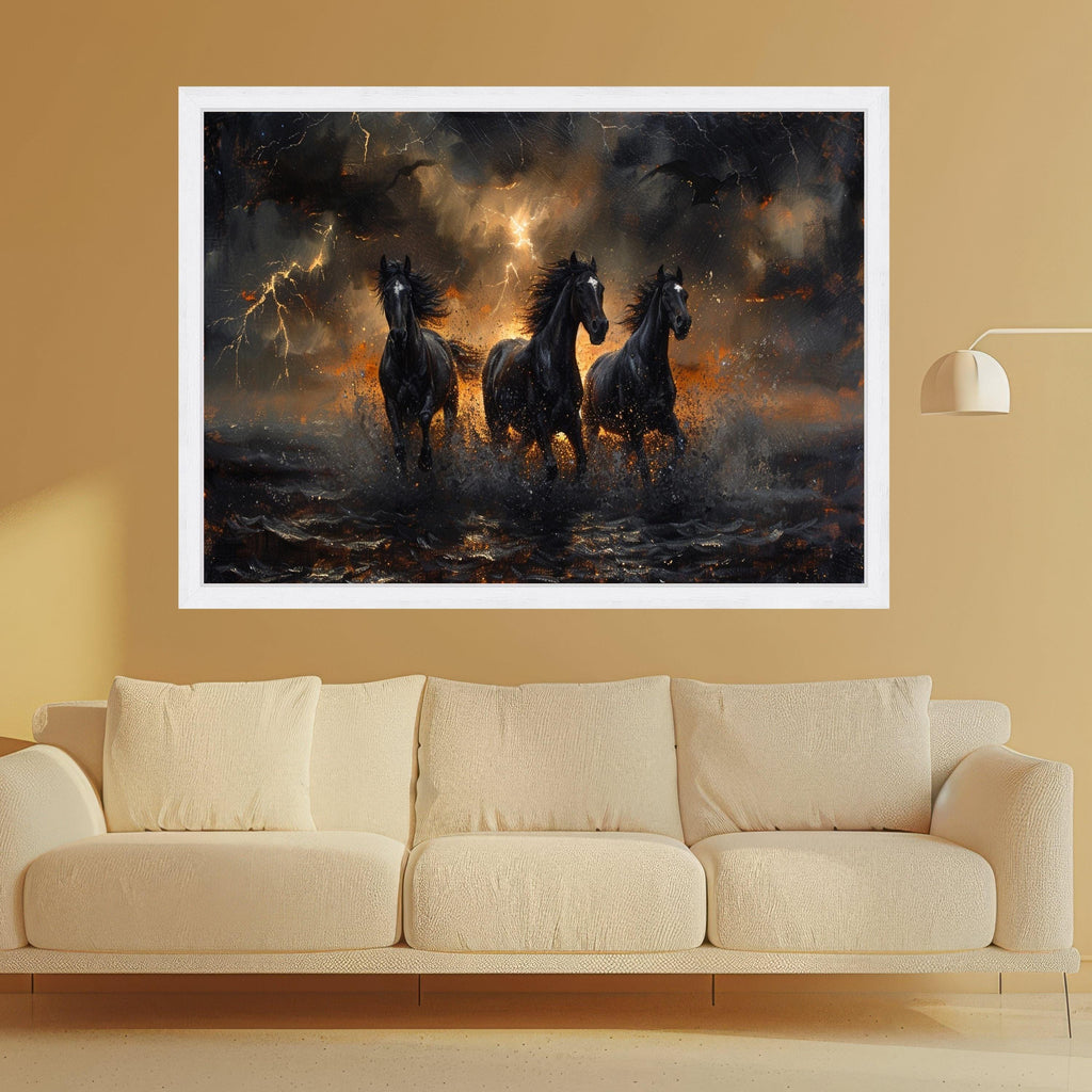 Dark Horse Art Canvas Wall Art Print Storm Running Horses Art Canvas Print Dramatic Lightning Wall Art Print Gothic Decor
