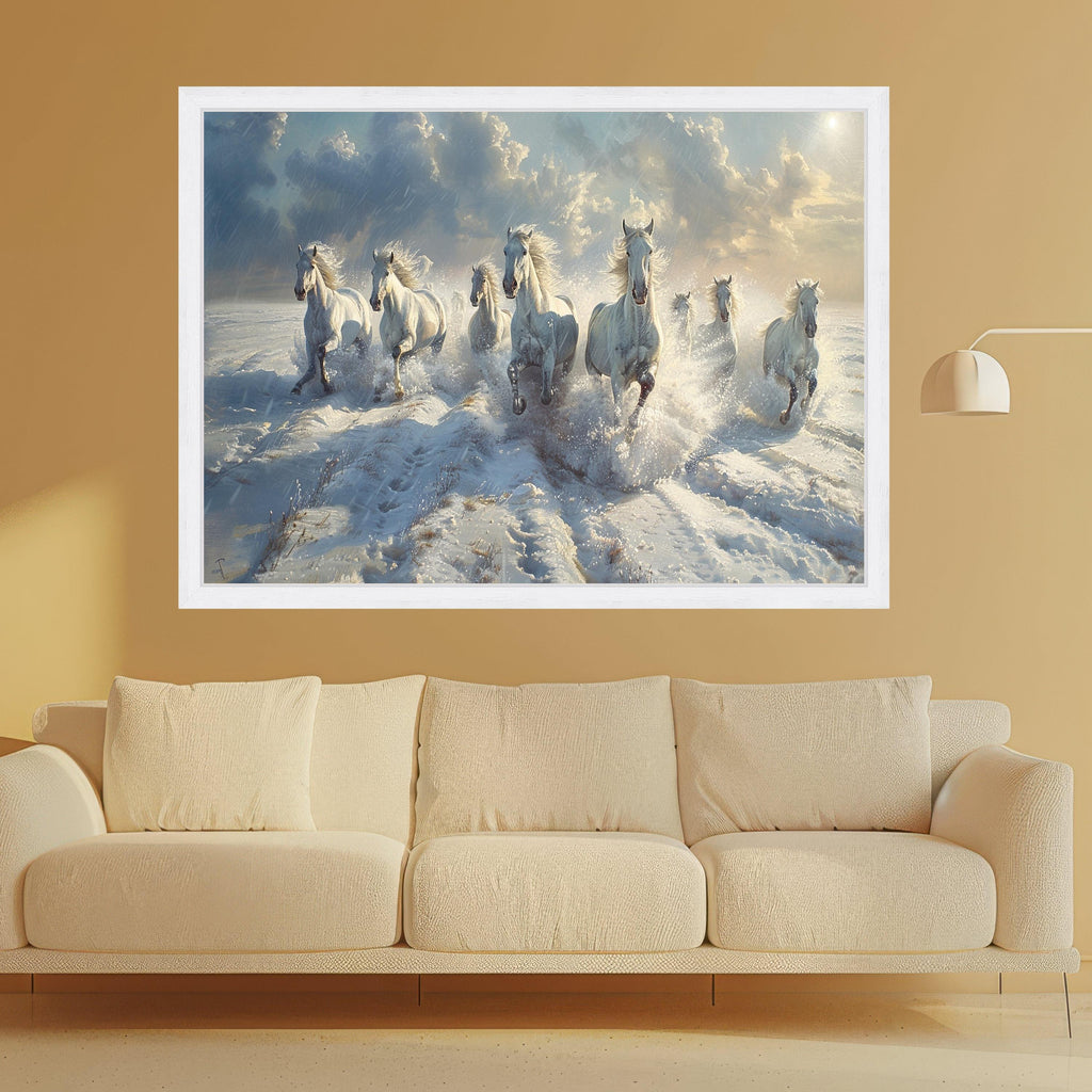 Majestic White Horses Running Through Snow Canvas, Winter Nature Scene Wall Art, Animal Landscape Decoration, Dynamic Outdoor Canvas