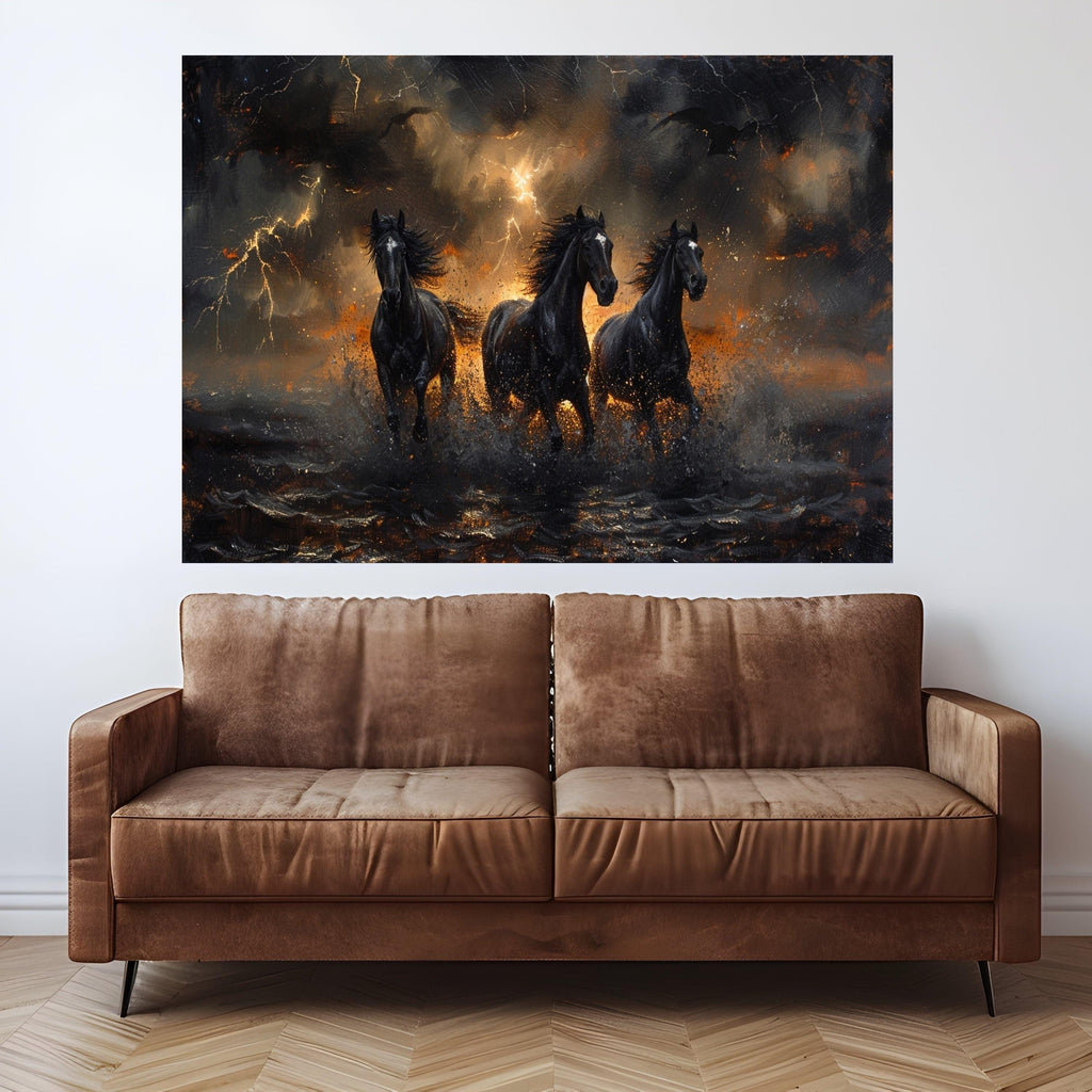 Dark Horse Art Canvas Wall Art Print Storm Running Horses Art Canvas Print Dramatic Lightning Wall Art Print Gothic Decor