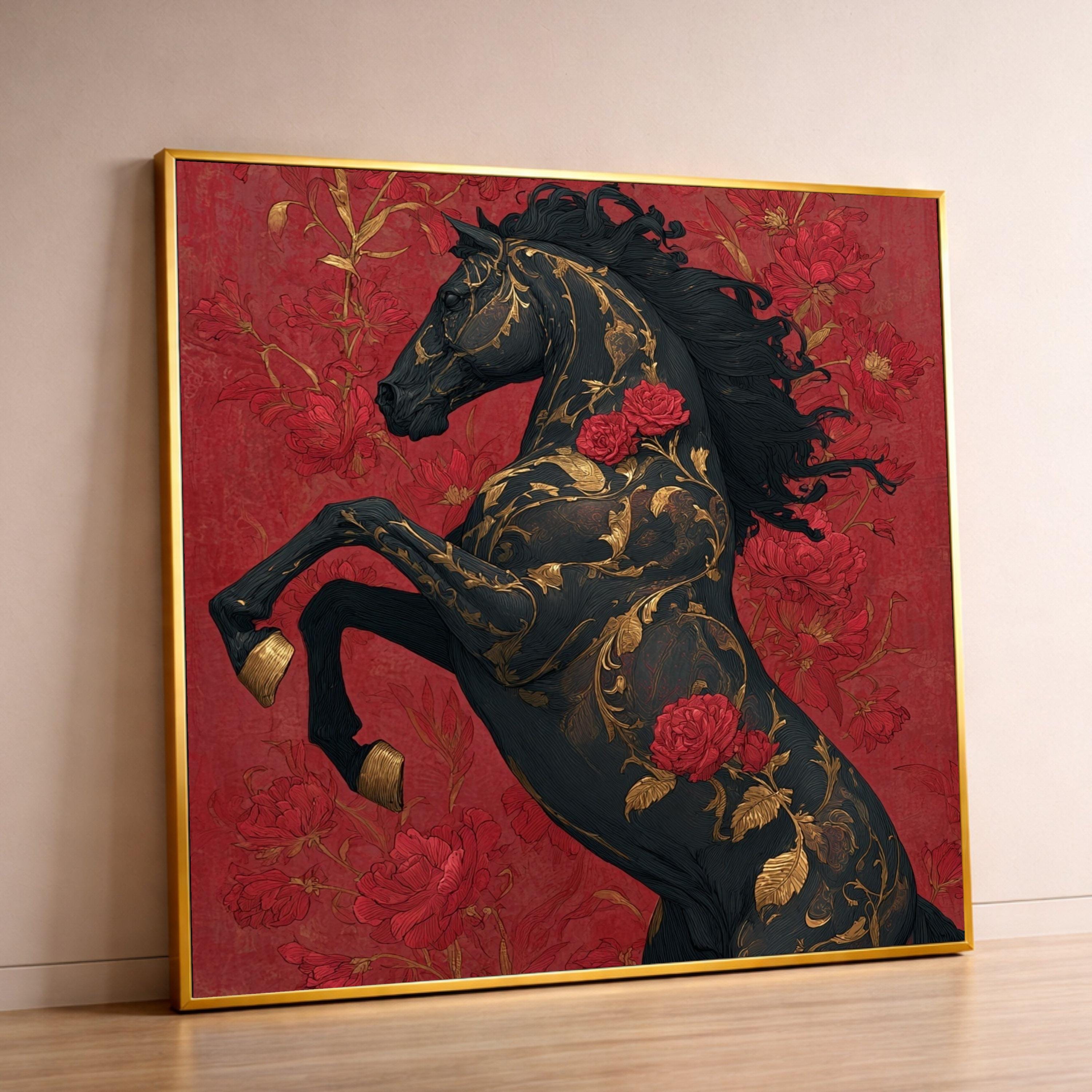 Elegant Black Horse Canvas, Floral Gold Accents Wall Art, Red Rose Decorative Canvas, Bold Animal Artwork, Modern Home Decoration