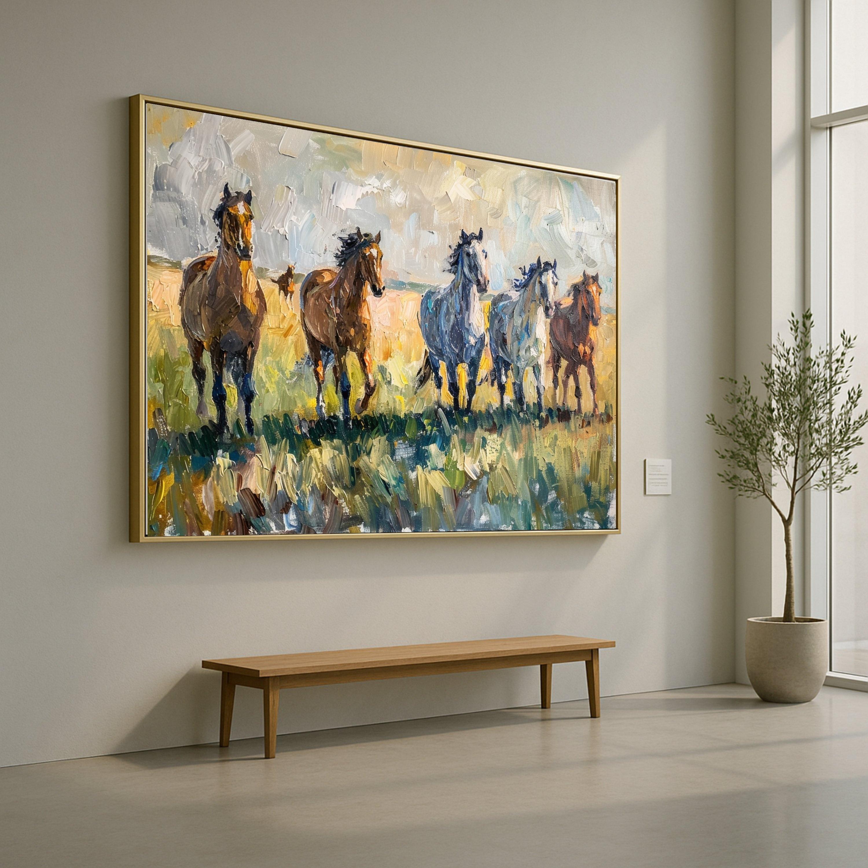 Running Horses Canvas Wall Art, Abstract Equestrian Painting, Wild Horses in Field, Nature Animal Canvas, Rustic Home Decor
