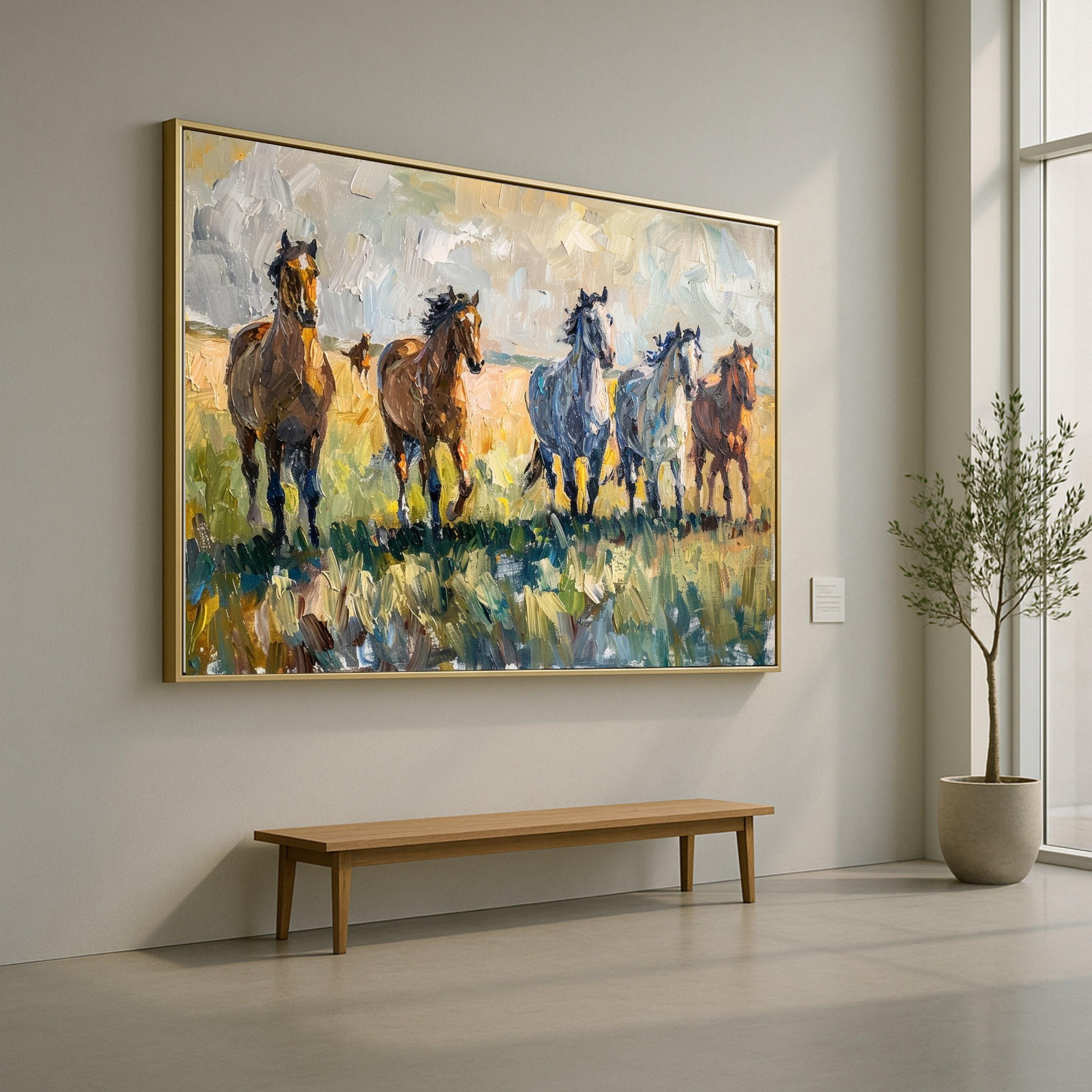 Running Horses Canvas Wall Art, Abstract Equestrian Painting, Wild Horses in Field, Nature Animal Canvas, Rustic Home Decor
