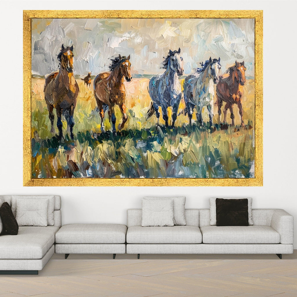 Running Horses Canvas Wall Art, Abstract Equestrian Painting, Wild Horses in Field, Nature Animal Canvas, Rustic Home Decor