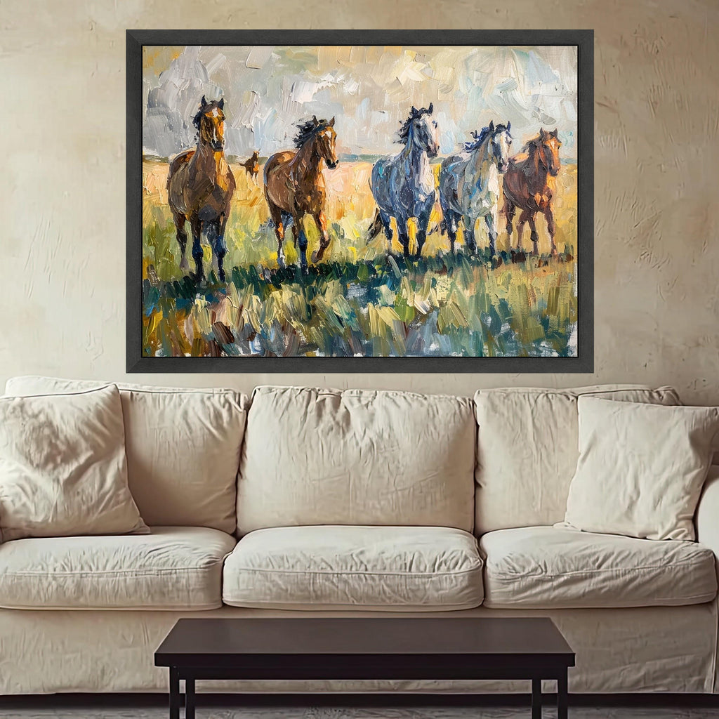 Running Horses Canvas Wall Art, Abstract Equestrian Painting, Wild Horses in Field, Nature Animal Canvas, Rustic Home Decor