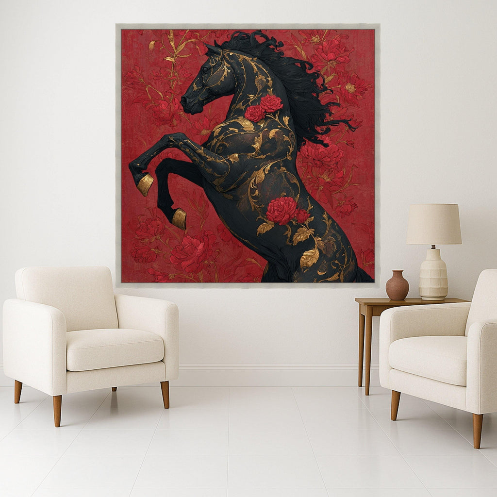 Elegant Black Horse Canvas, Floral Gold Accents Wall Art, Red Rose Decorative Canvas, Bold Animal Artwork, Modern Home Decoration