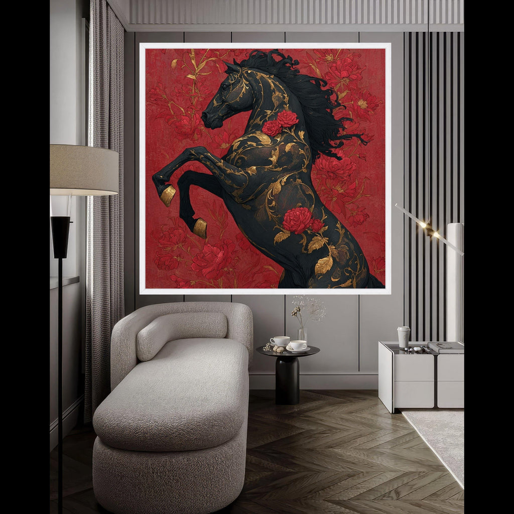 Elegant Black Horse Canvas, Floral Gold Accents Wall Art, Red Rose Decorative Canvas, Bold Animal Artwork, Modern Home Decoration