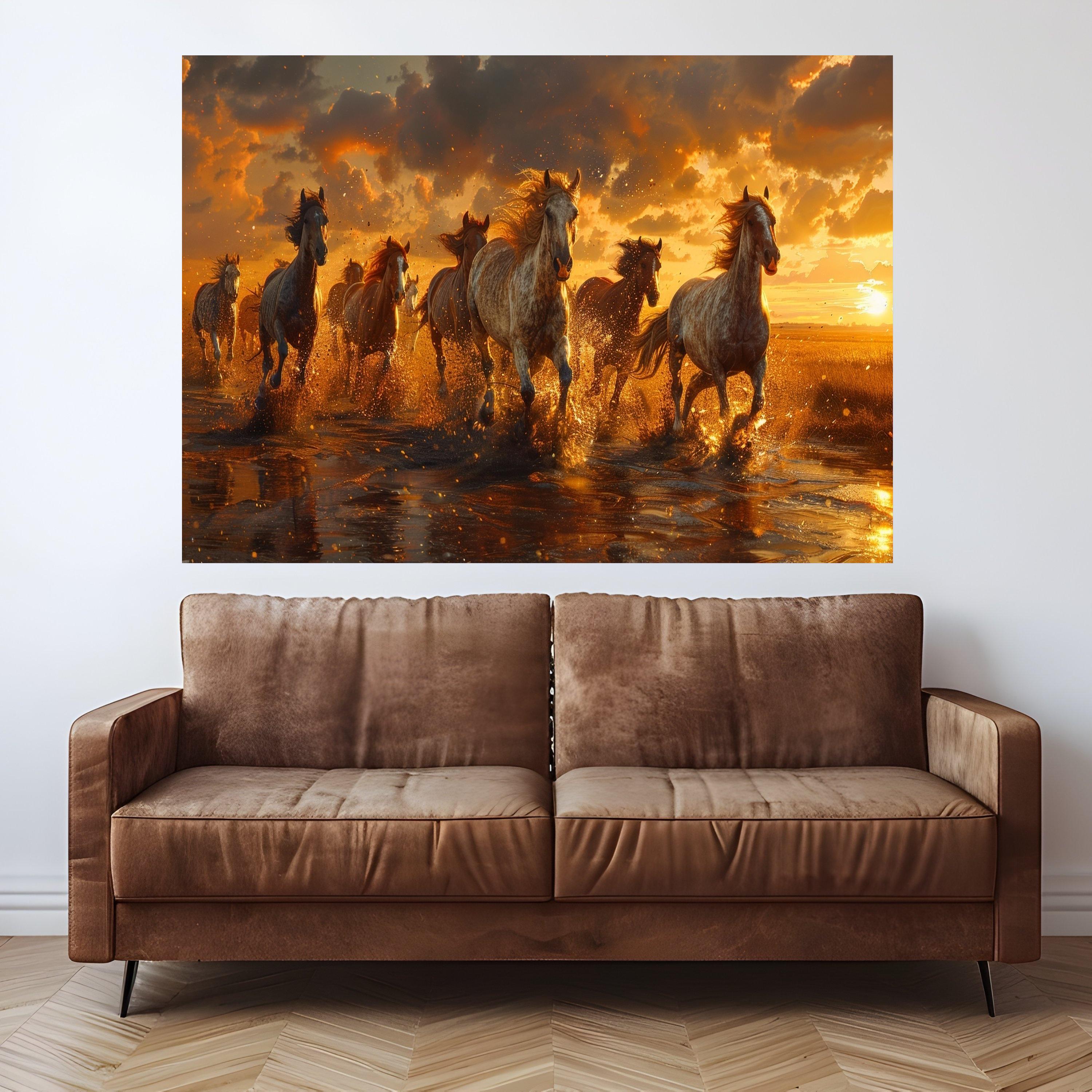 Galloping Horses at Sunset, Wild Horses Canvas Wall Art, Nature Landscape Canvas, Dynamic Animal Scene, Rustic Home Decoration