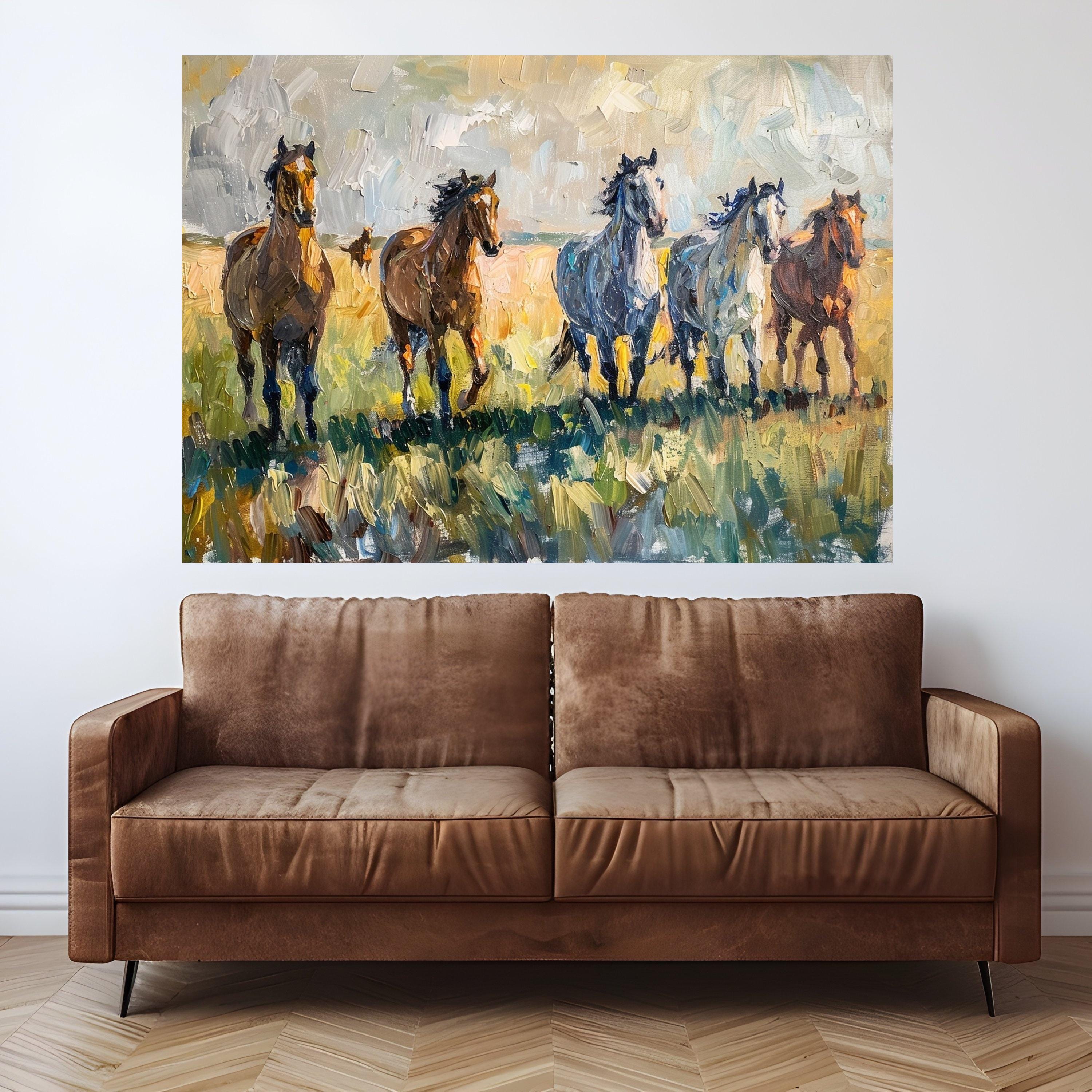 Running Horses Canvas Wall Art, Abstract Equestrian Painting, Wild Horses in Field, Nature Animal Canvas, Rustic Home Decor