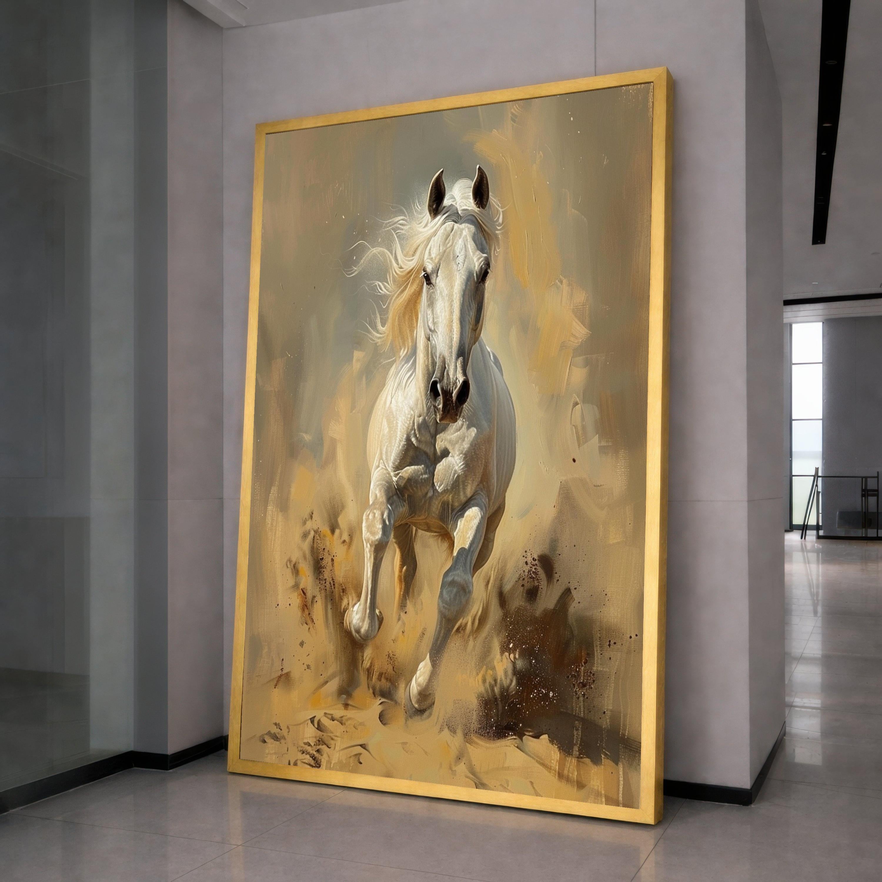 Majestic White Horse Running Canvas, Dynamic Animal Wall Art, Equestrian Home Decor, Energetic Horse Print, Modern Canvas Decoration