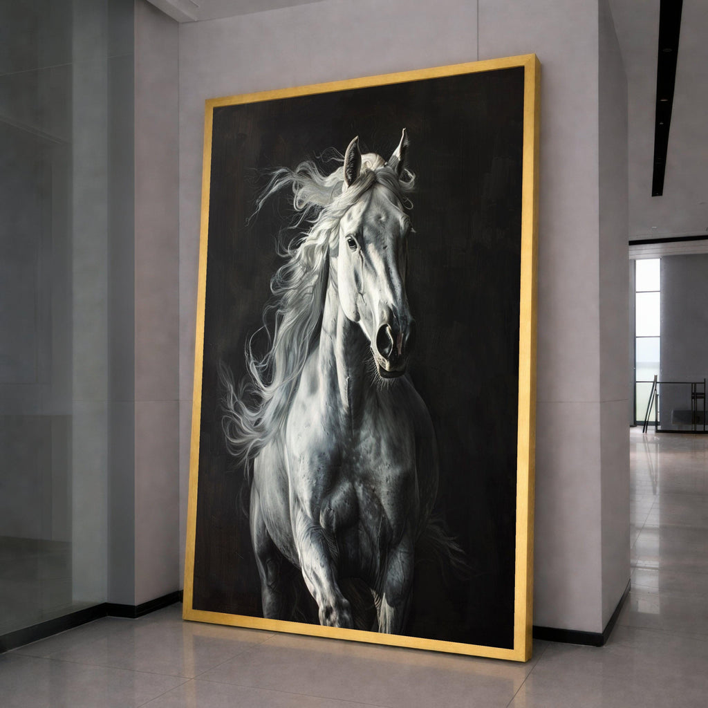 Majestic White Horse Canvas Wall Art, Running Stallion Artwork, Equestrian Animal Decor, Dynamic Horse Portrait Canvas, Ready to Hang