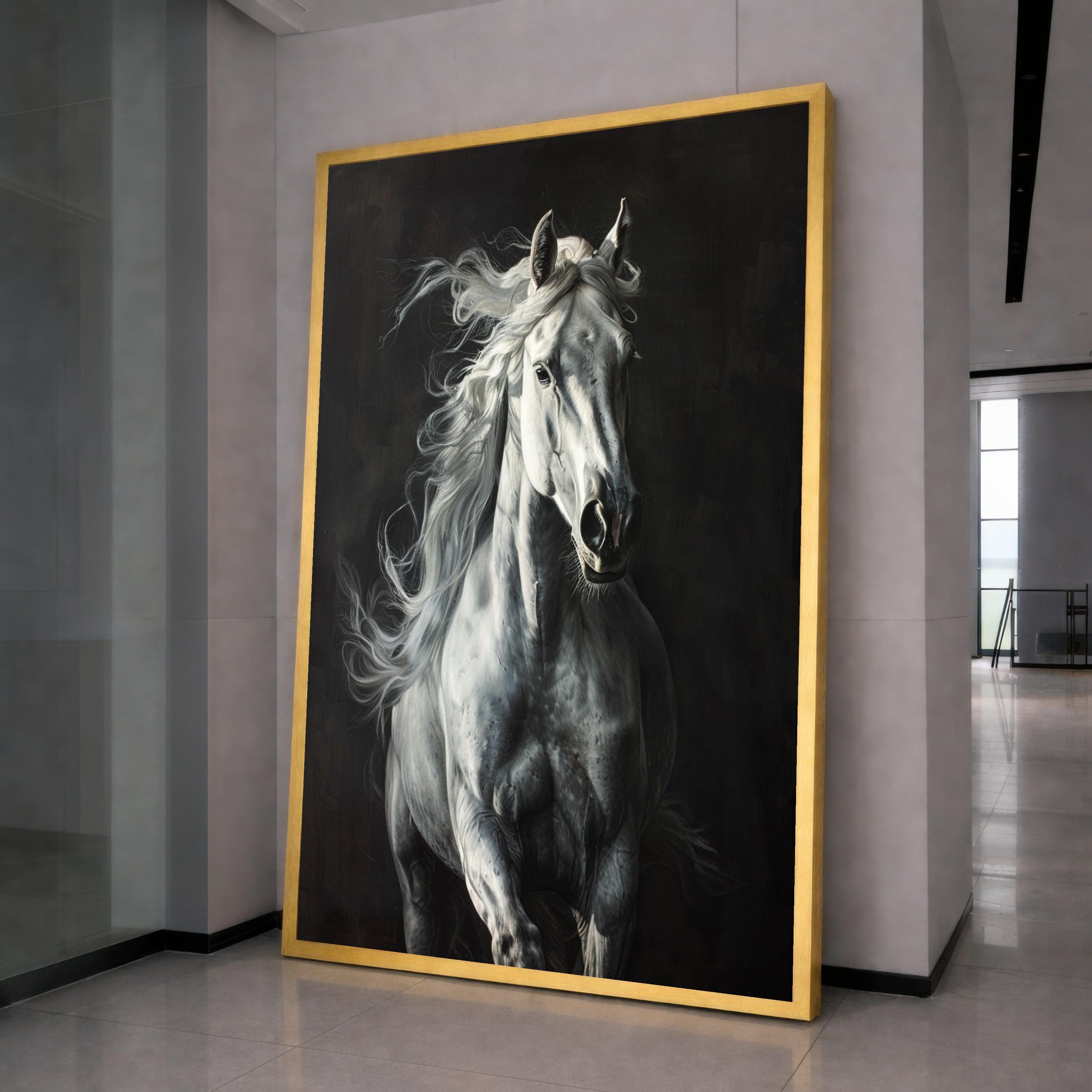 Majestic White Horse Canvas Wall Art, Running Stallion Artwork, Equestrian Animal Decor, Dynamic Horse Portrait Canvas, Ready to Hang