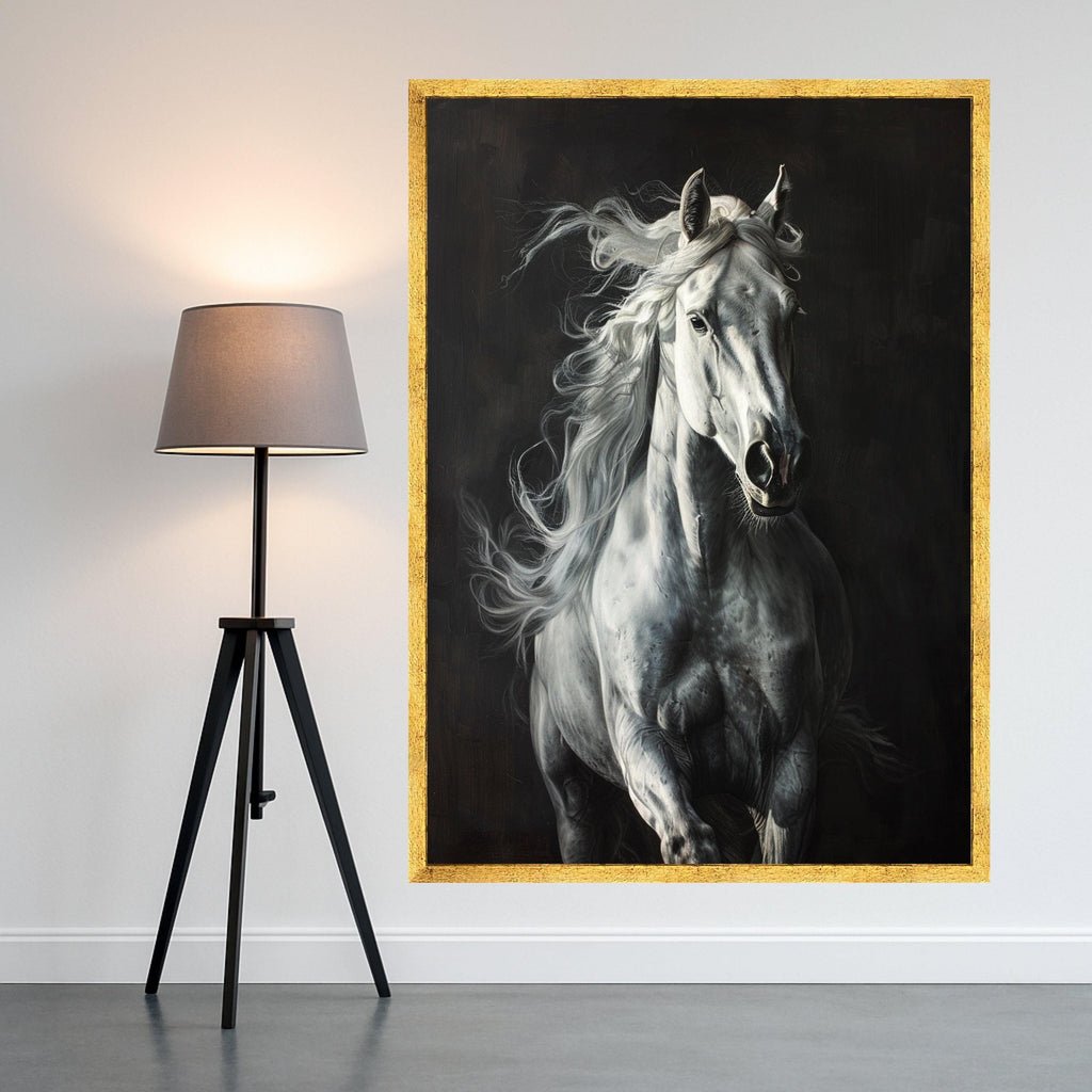 Majestic White Horse Canvas Wall Art, Running Stallion Artwork, Equestrian Animal Decor, Dynamic Horse Portrait Canvas, Ready to Hang
